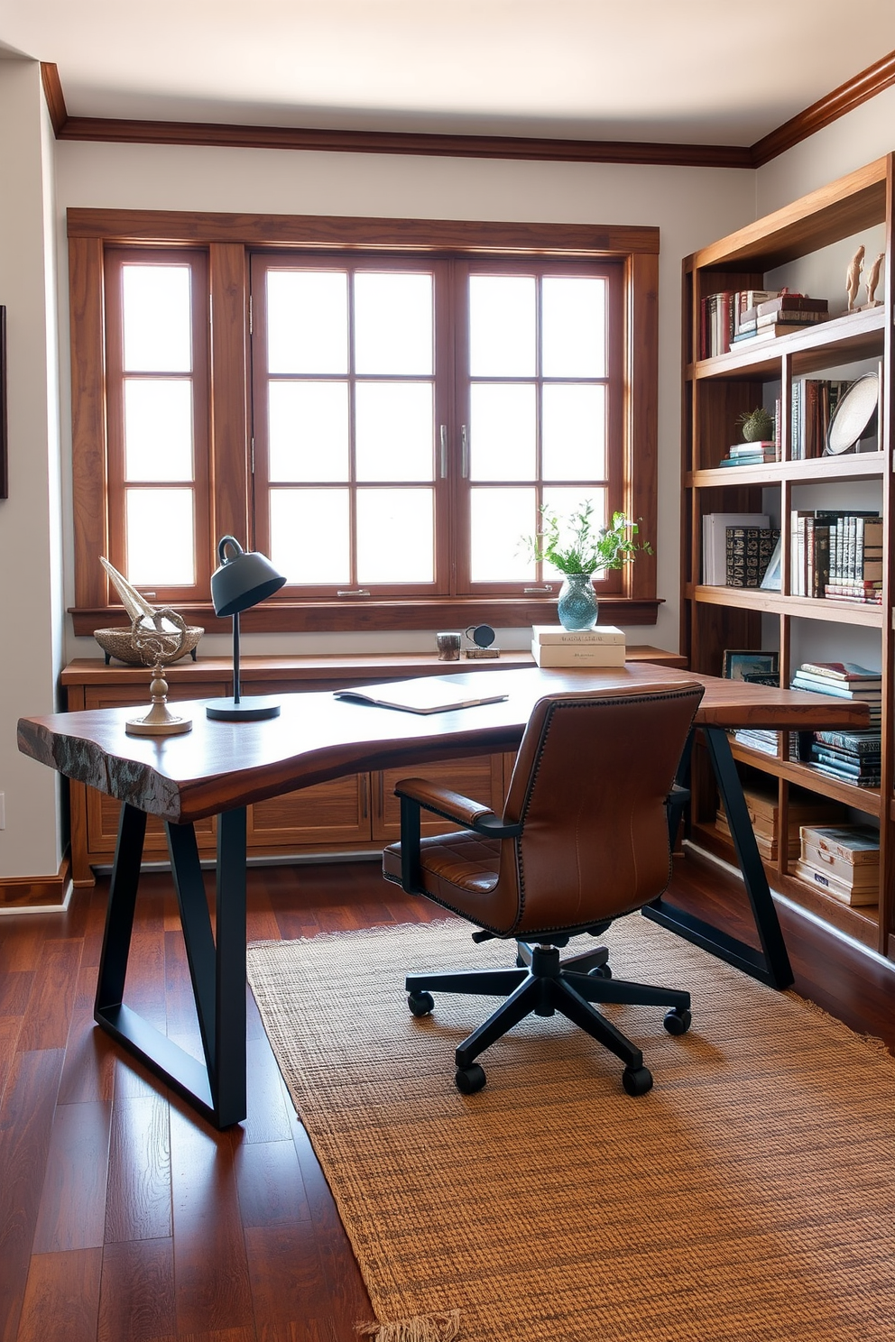 A rustic home office design featuring reclaimed wood accents. The desk is made from a large slab of reclaimed wood with metal legs, and behind it, a wall of shelves displays books and decorative items. Natural light floods the space through a large window with wooden frames. A cozy leather chair sits at the desk, complemented by a woven rug on the hardwood floor.