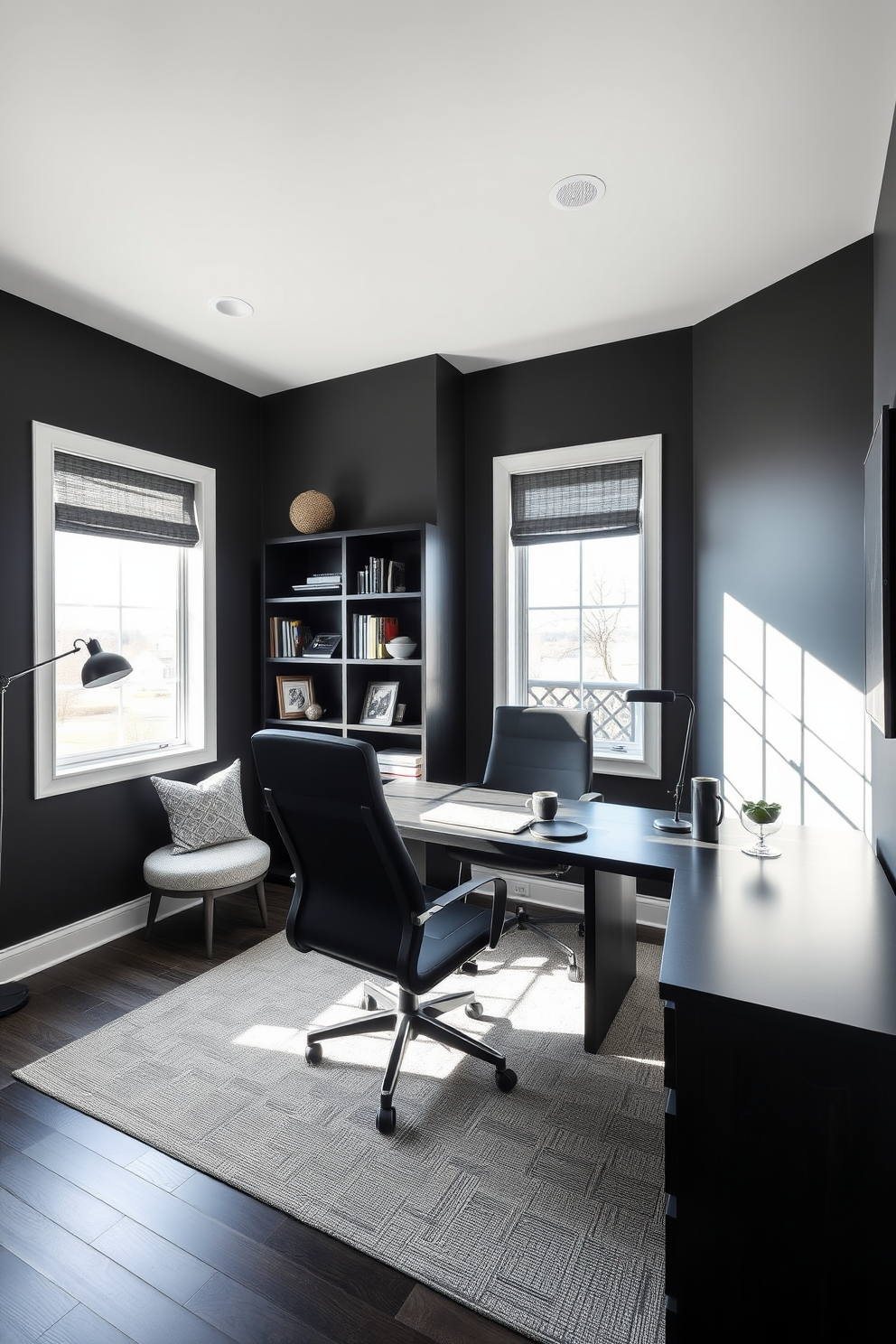 A sleek home office designed with a monochromatic color scheme that emphasizes sophistication. The walls are painted in a deep charcoal gray, complemented by a matching desk and ergonomic chair that exude modern elegance. Large windows allow natural light to flood the space, enhancing the minimalist decor. A stylish bookshelf filled with dark wood accents and a few decorative items adds personality while maintaining the cohesive color palette.