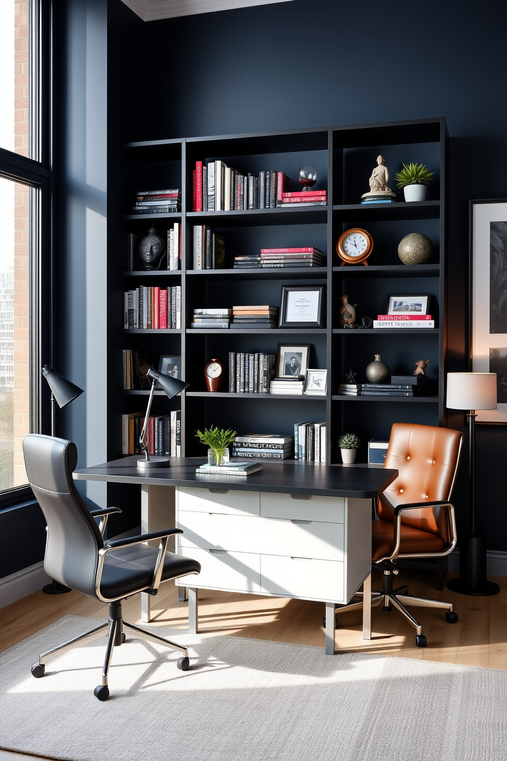 A modern home office designed for men features sleek black shelving units that creatively display books, awards, and personal memorabilia. The desk is positioned against a large window, providing ample natural light, with a comfortable leather chair complementing the sophisticated aesthetic. The walls are painted in a deep navy blue, creating a bold backdrop for the minimalist decor. A stylish desk lamp and a few potted plants add a touch of warmth and personality to the space.