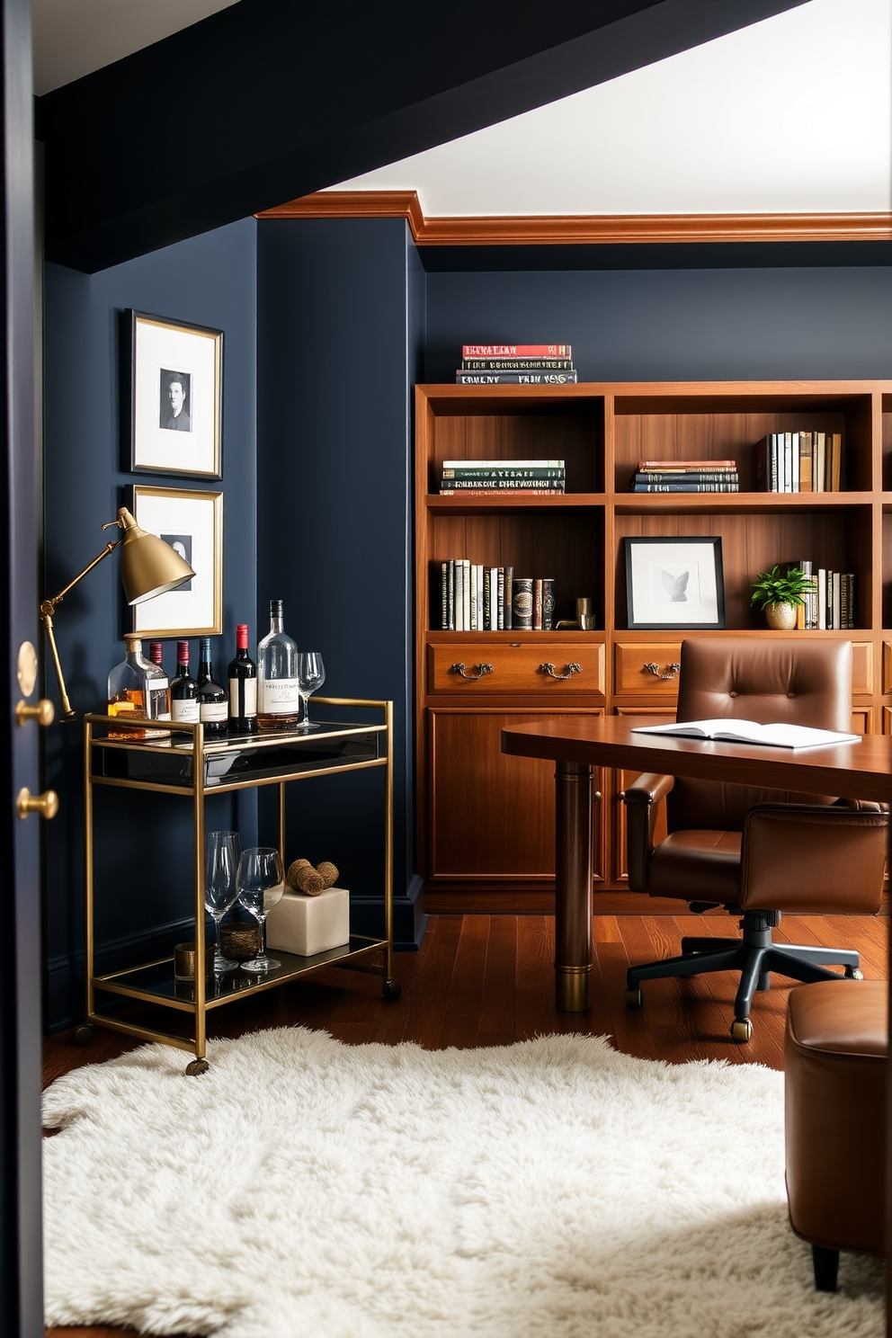 A stylish home office designed for men features a sleek wooden desk paired with a comfortable leather chair. A modern bar cart is positioned nearby, stocked with premium spirits and glassware, creating a relaxed atmosphere for after-work unwinding. The walls are painted in a deep navy blue, complemented by rich wood accents and brass fixtures. A plush area rug anchors the space, while shelves display books and personal items, adding a touch of personality to the room.