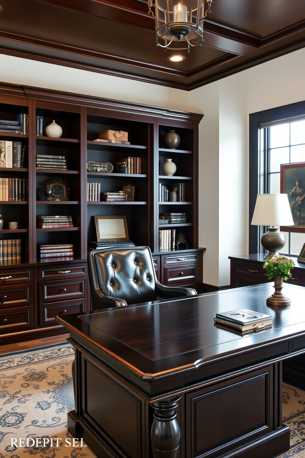 A home office designed for men featuring dark wood furniture exuding a classic look. The room includes a large dark wood desk with elegant detailing, complemented by a comfortable leather chair and built-in bookshelves filled with books and decor.