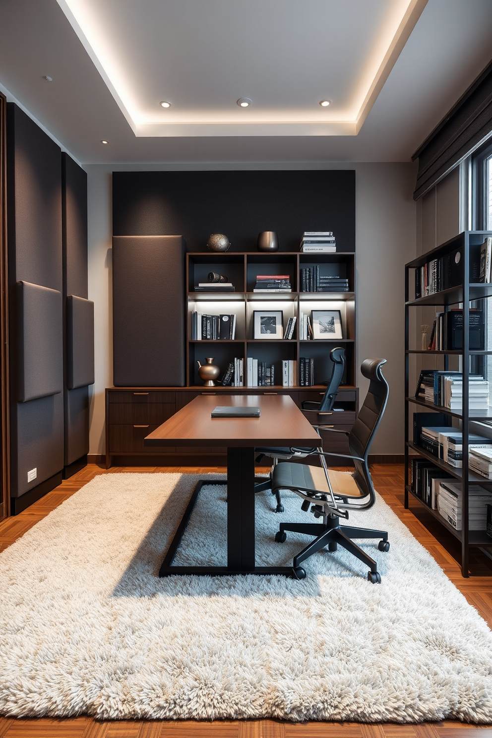 A serene home office designed for productivity and comfort. The room features soundproofing elements such as acoustic panels on the walls and a plush area rug that absorbs sound. The workspace includes a sleek wooden desk with a modern ergonomic chair. A stylish bookshelf filled with books and decorative items adds personality to the space while maintaining a masculine aesthetic.