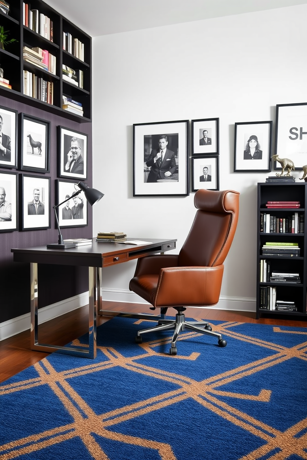 A bold rug anchors the workspace area, featuring geometric patterns in deep blue and gold tones. The desk is a sleek dark wood with a modern metal frame, complemented by a high-backed leather chair in rich brown. On the walls, framed black and white photographs create a gallery effect, adding a personal touch to the space. A large bookshelf filled with books and decorative items stands against one wall, enhancing the masculine aesthetic of the home office.