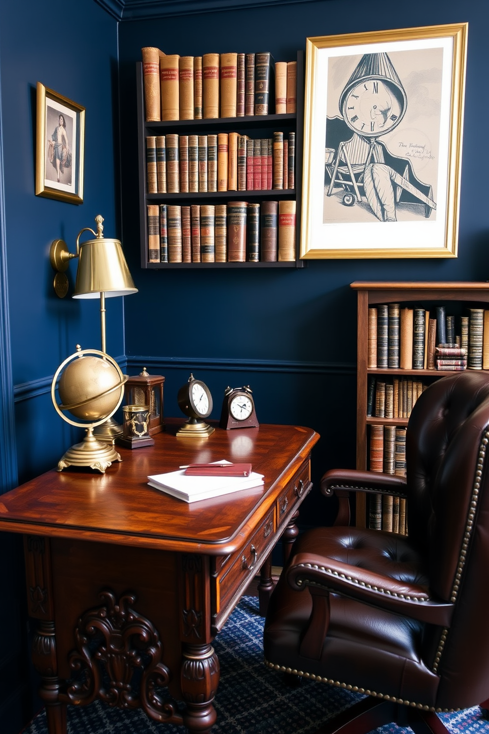 A stylish home office featuring a vintage wooden desk with intricate carvings. The desk is adorned with brass desk accessories including a classic globe, a vintage clock, and a leather-bound notebook. The walls are painted in a deep navy blue, creating a bold backdrop for the space. A plush leather chair complements the desk, while a bookshelf filled with old books adds character to the room.