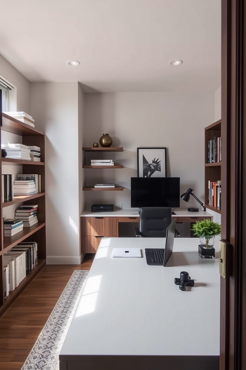 A modern home office designed for men features open shelving along one wall for easy access to books and decorative items. The desk is sleek and minimalistic, positioned to take advantage of natural light from a nearby window.