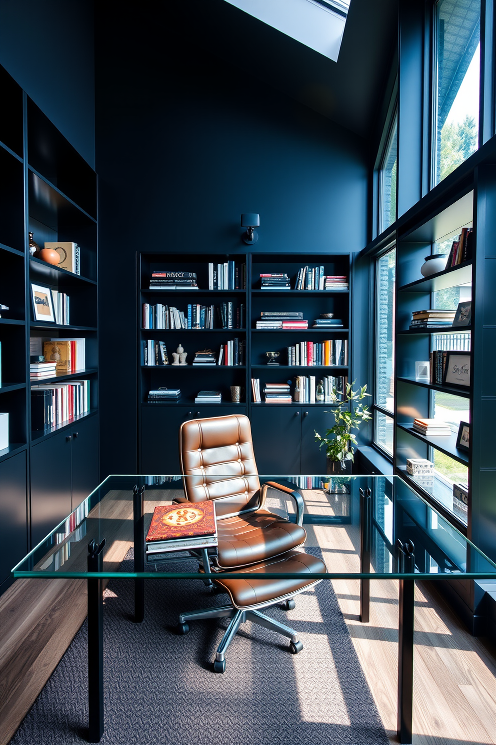 A modern home office designed for men features a large glass desk that allows for an open and spacious feel. The walls are painted in a deep navy blue, complemented by sleek black shelving filled with books and personal artifacts. A comfortable leather chair sits at the desk, providing both style and support for long working hours. Large windows let in natural light, enhancing the airy atmosphere and showcasing a view of the outdoors.