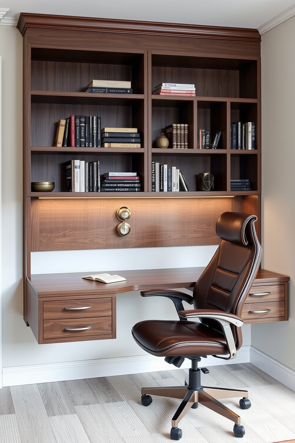 A stylish home office designed for men features a wall-mounted desk crafted from dark wood, maximizing floor space while providing a sleek work area. Above the desk, a series of open shelves display books and personal items, complemented by a comfortable ergonomic chair in a rich leather finish.