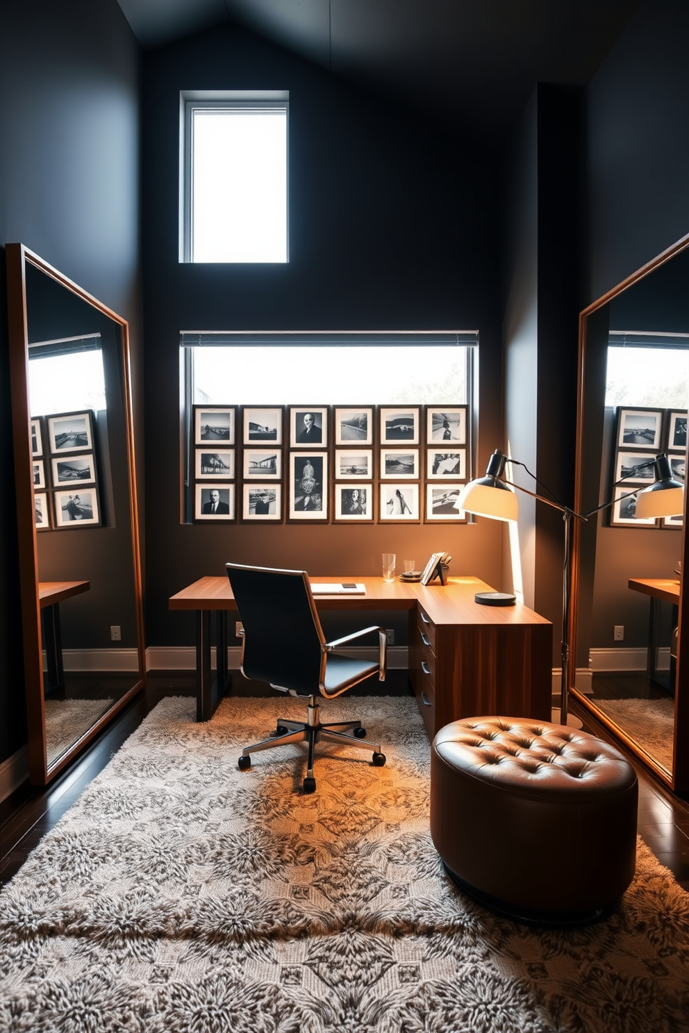 A stylish home office designed for men. The space features a sleek wooden desk positioned under a large window, allowing natural light to flood in. On the wall behind the desk, a series of framed black and white photographs create a sophisticated gallery. A comfortable leather chair sits at the desk, complemented by a modern floor lamp that adds a warm glow in the evening. Large mirrors are strategically placed to enhance light and create an illusion of more space. Rich, deep colors adorn the walls, while a plush area rug adds warmth and texture to the room.