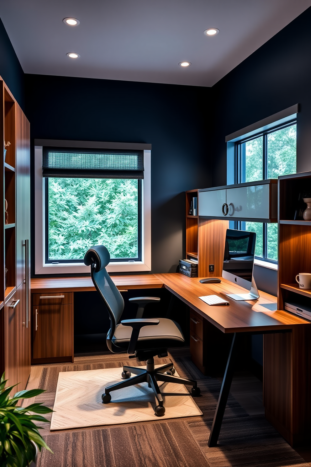 A modern home office designed for men featuring adjustable lighting to enhance productivity. The space includes a sleek wooden desk with a comfortable ergonomic chair, surrounded by stylish shelving units for organization. The walls are painted in a deep navy blue, creating a masculine atmosphere. A large window allows natural light to flood the room, complemented by strategically placed task lighting for evening work.