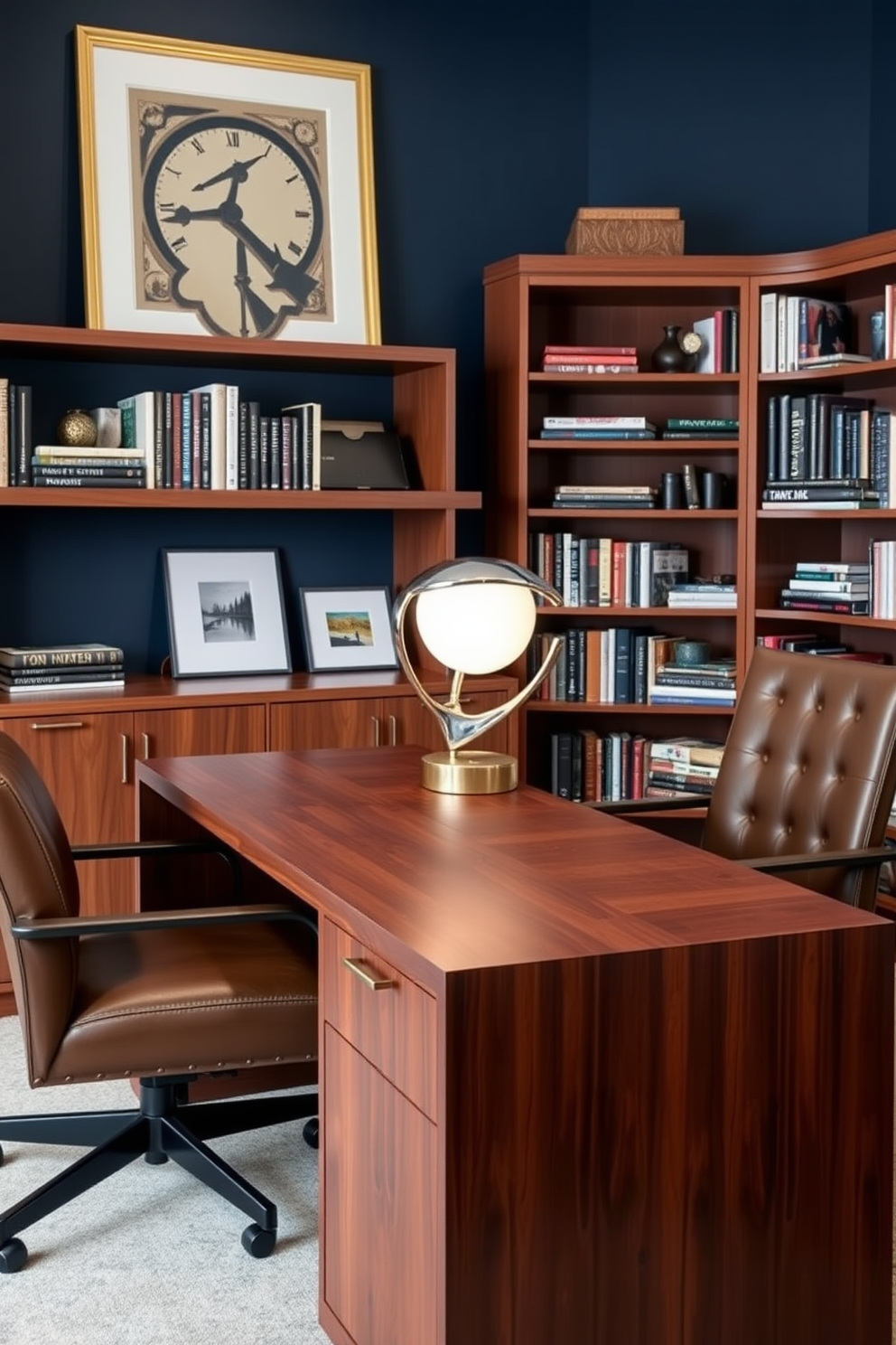 A stylish home office designed for men featuring a sleek wooden desk with a rich walnut finish. An artistic desk lamp with a sculptural design sits on the desk, providing a unique touch and enhancing the overall aesthetic. The walls are painted in a deep navy blue, creating a sophisticated backdrop. A comfortable leather chair complements the desk, and a large bookshelf filled with books and personal artifacts adds character to the space.