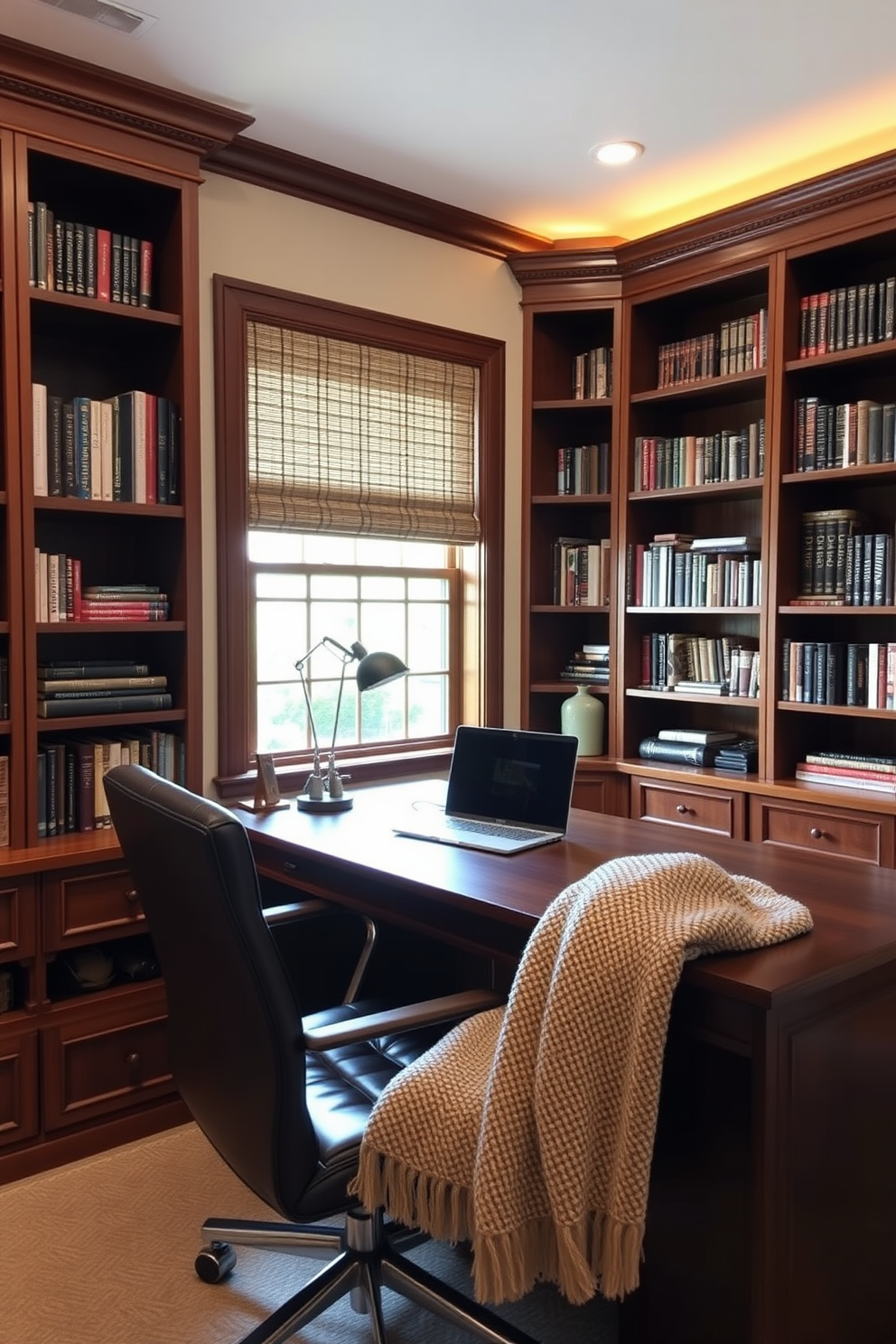 A cozy home office setting designed for men. There are rich wooden shelves filled with books, and a large desk made of dark wood faces a window with natural light streaming in. On the desk, a stylish laptop sits alongside a sleek desk lamp. A comfortable leather chair complements the space, while a soft, textured blanket drapes over the back for added warmth.