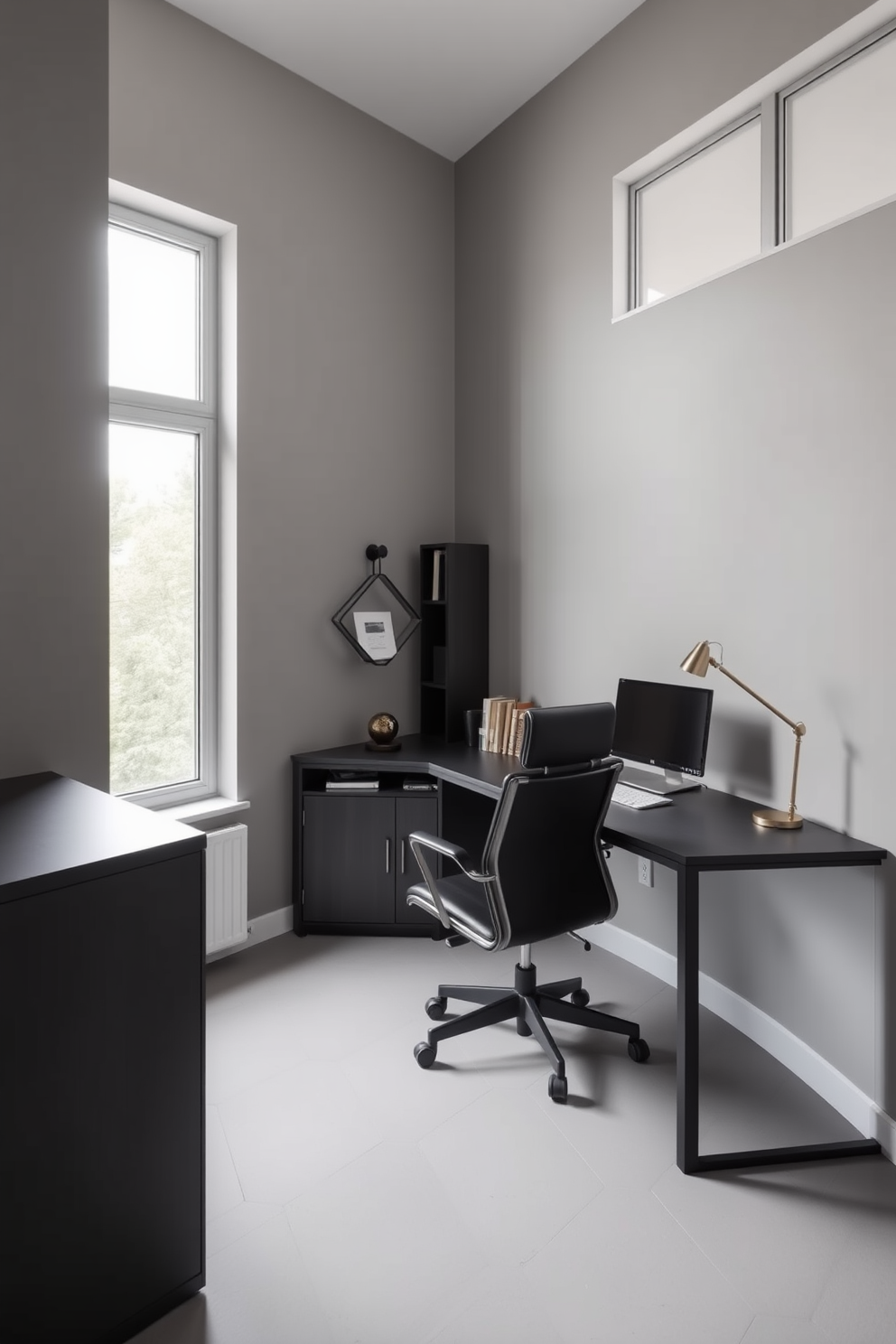 A minimalist home office designed for men emphasizes clean lines and functionality. The space features a sleek desk with a matte black finish, paired with an ergonomic chair in dark leather. The walls are painted in a soft gray, creating a calm atmosphere. A large window allows natural light to flood the room, illuminating a few carefully selected decor pieces, including a geometric bookshelf and a stylish desk lamp.