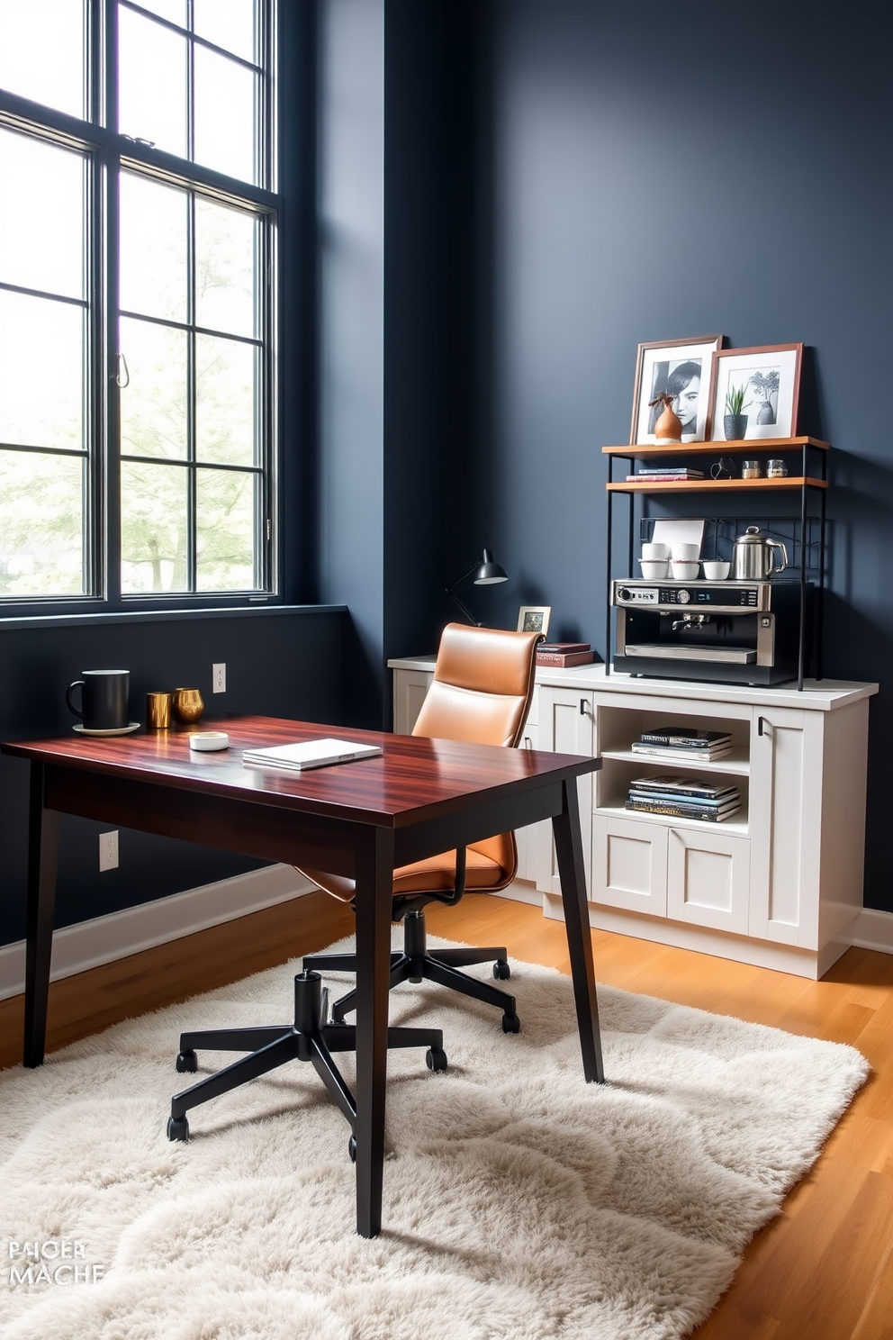 A stylish home office designed for men features a sleek dark wood desk paired with a comfortable leather chair. The walls are painted in a deep navy blue, and a large window allows natural light to fill the space, enhancing productivity. In one corner, a modern coffee station is set up with a high-end espresso machine and an elegant wooden shelf stocked with coffee mugs and accessories. A plush area rug in a neutral tone adds warmth, while framed artwork and personal touches complete the sophisticated atmosphere.