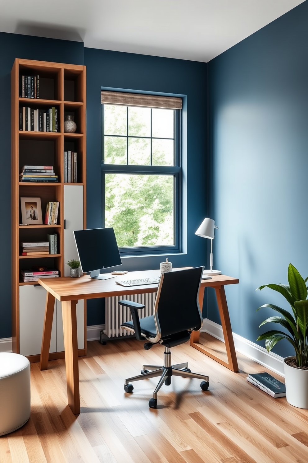 A stylish home office featuring an ergonomic desk designed for health and productivity. The desk is made of natural wood with a sleek finish and is paired with a comfortable adjustable chair that promotes good posture. The walls are painted in a calming blue hue, creating an inviting atmosphere. A large window allows natural light to flood the space, complemented by a minimalist bookshelf filled with curated books and decor items.