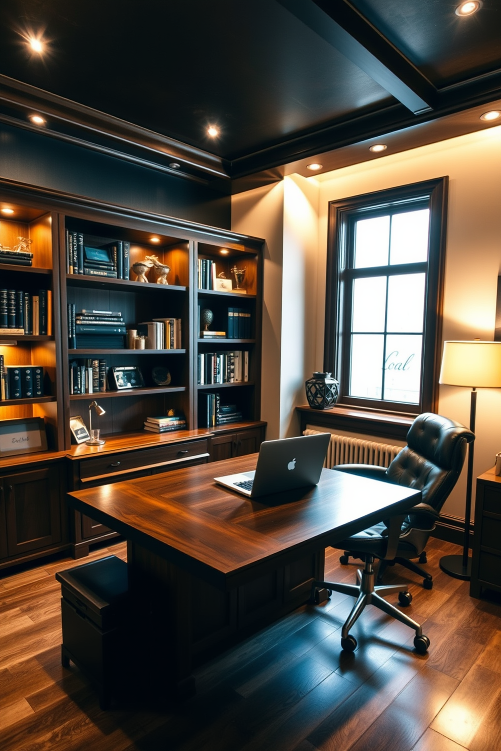 A cozy home office setting with layered lighting that creates a warm and inviting atmosphere. The space features a large wooden desk with a sleek laptop, surrounded by bookshelves filled with books and decorative items. The room is illuminated by a combination of a stylish desk lamp, recessed ceiling lights, and a floor lamp in the corner. Dark wood accents and a comfortable leather chair complete the masculine design, while a large window allows natural light to flood the space.