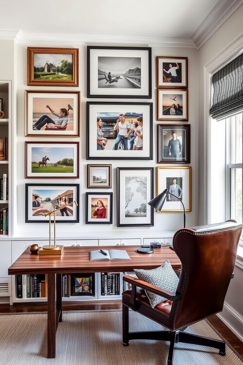 A gallery wall featuring personal artwork that showcases a mix of framed paintings and photographs. The wall is painted in a soft white color to enhance the vibrancy of the art pieces and create a focal point in the room. A stylish home office designed for men with a sleek wooden desk and a comfortable leather chair. The space includes built-in shelves filled with books and decorative items, and a large window allows natural light to fill the room.