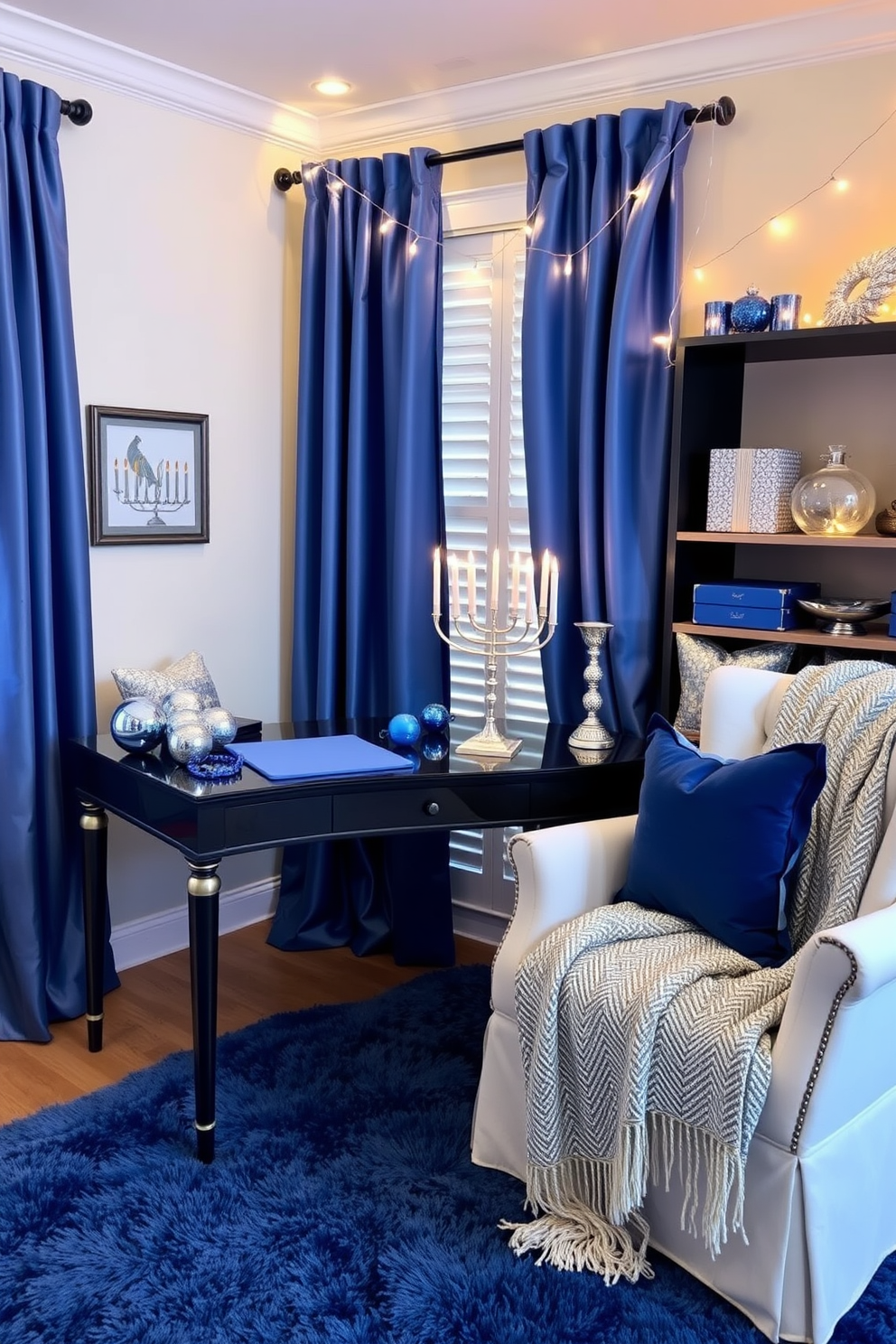 A cozy home office decorated for Hanukkah features a festive blue and silver color scheme. The walls are adorned with elegant blue curtains, and a silver menorah sits prominently on the desk, surrounded by sparkling blue and silver ornaments. A plush blue area rug anchors the space, while silver accents are incorporated through decorative pillows and a shimmering throw blanket on the chair. Twinkling fairy lights are strung across the shelves, adding a warm glow to the festive atmosphere.