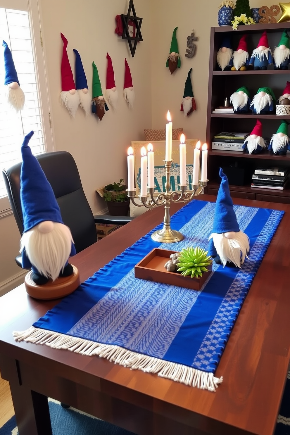 A cozy home office decorated for Hanukkah. A large desk is adorned with a blue and silver table runner, featuring a menorah and festive candles, while the walls are adorned with handmade gnome decorations that add a whimsical touch. Charming DIY gnome decorations for Hanukkah. Each gnome is crafted from felt and fabric in traditional Hanukkah colors, with little hats and beards, creating a playful atmosphere throughout the room.