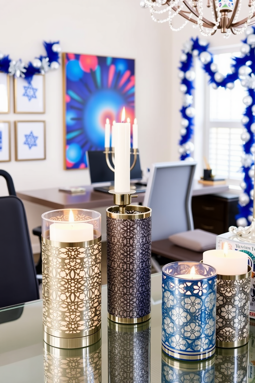 Candle holders with unique designs. Each holder showcases an intricate pattern, combining various materials such as glass, metal, and ceramic, creating a stunning visual display. Home Office. The workspace features a sleek desk with ample storage, surrounded by ergonomic chairs and vibrant artwork that inspires creativity and productivity. Hanukkah Decorating Ideas. The room is adorned with beautiful blue and silver accents, including a menorah centerpiece and festive garlands, creating a warm and inviting atmosphere for celebration.