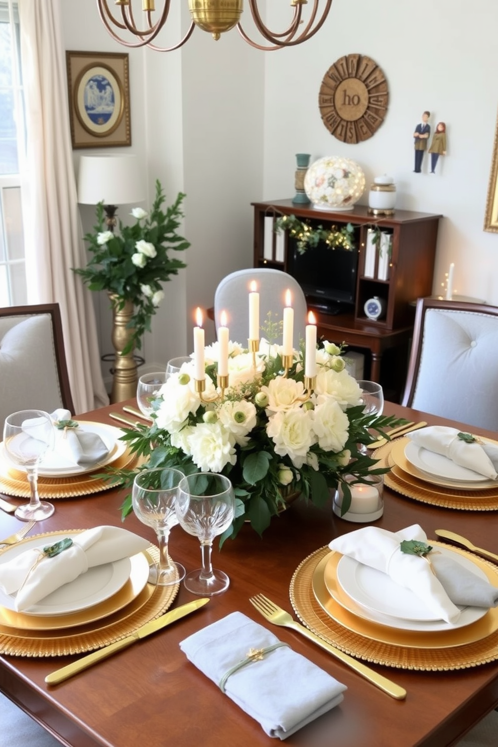 A festive table setting adorned with gold accents creates a warm and inviting atmosphere. The table is elegantly set with fine china, sparkling glassware, and golden cutlery, complemented by a lush centerpiece of seasonal flowers. The home office is transformed with Hanukkah decorating ideas that blend functionality and festivity. Soft blue and silver hues dominate the decor, featuring a beautifully wrapped menorah as a focal point alongside cozy textiles and twinkling lights.