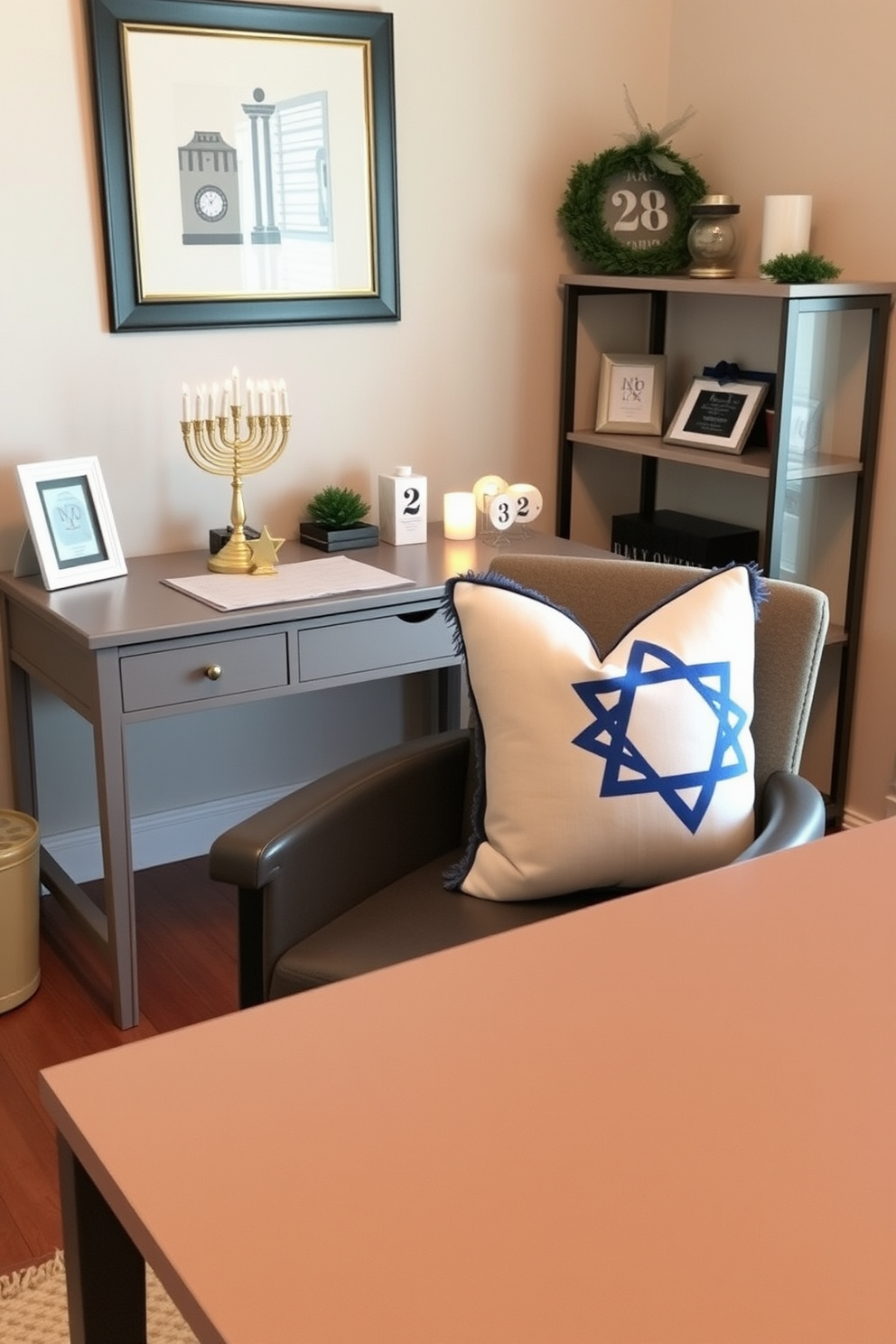 A cozy home office space featuring a stylish desk with a sleek finish. On the chair, there are blue and white throw pillows that add a touch of comfort and holiday cheer. The room is adorned with subtle Hanukkah decorations, including a menorah on the desk and a decorative dreidel on a nearby shelf. Soft lighting creates a warm atmosphere, enhancing the festive spirit while maintaining a professional look.