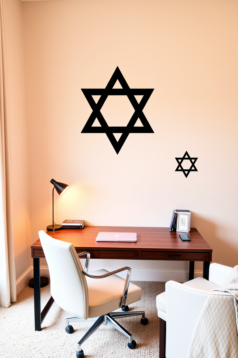 A serene home office space adorned with Star of David wall decals that add a touch of elegance and cultural significance. The decals are placed strategically above a sleek wooden desk, complemented by a comfortable chair and warm lighting for a cozy atmosphere.