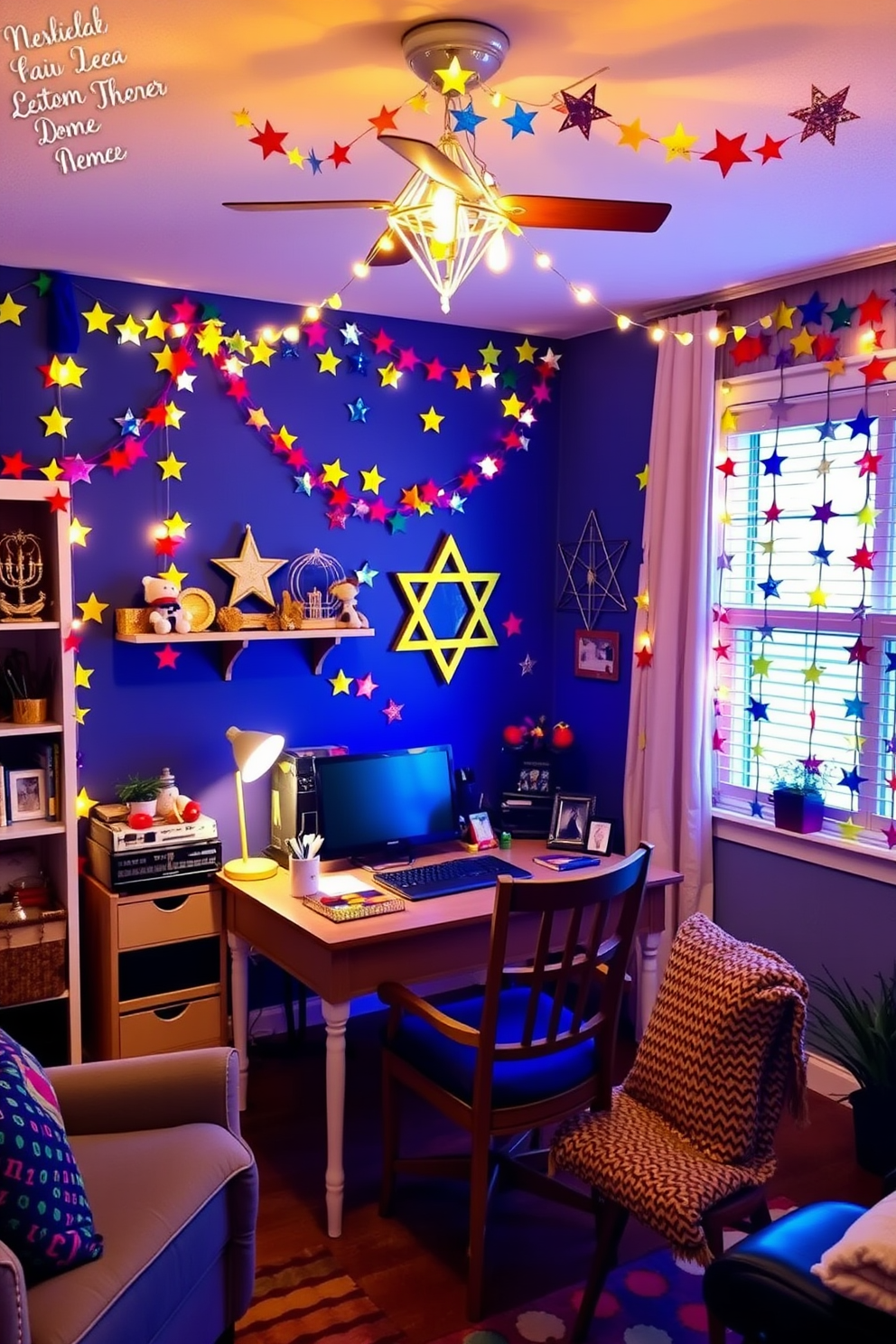 A vibrant home office decorated for Hanukkah features colorful garlands made of stars draped across the walls. A cozy desk sits in the center, adorned with festive decorations and a warm glow from string lights above.