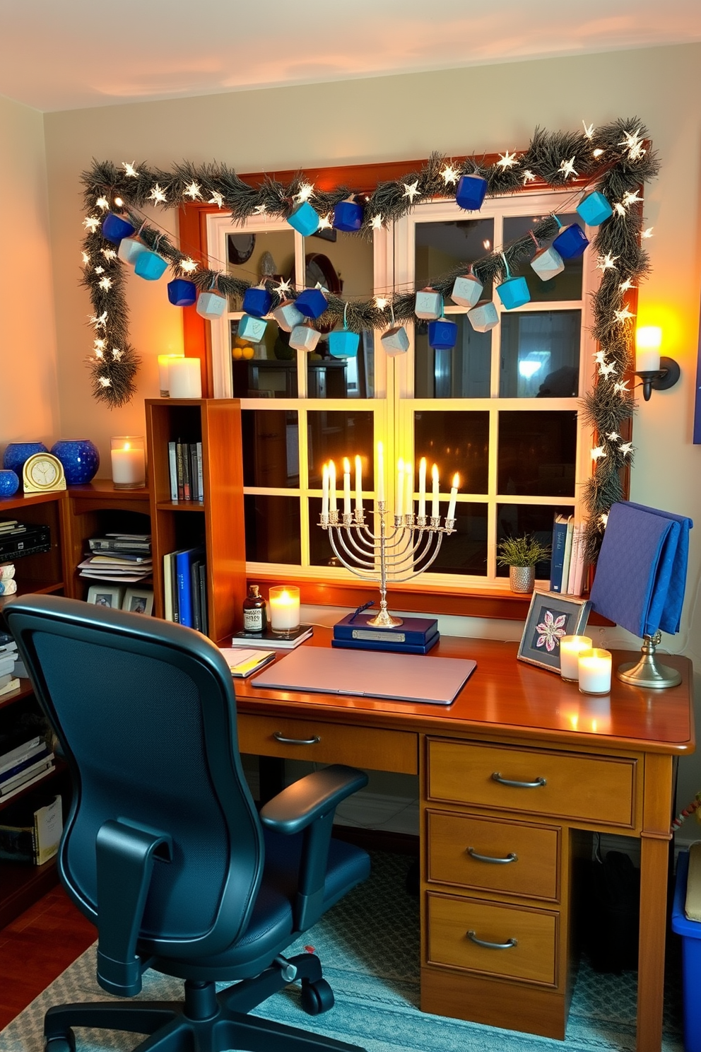 A cozy home office adorned with seasonal scented candles that create a warm ambiance. The desk is made of rich mahogany, complemented by a comfortable ergonomic chair and a small bookshelf filled with decorative items and books. For Hanukkah, the space is decorated with blue and silver accents, including a beautifully arranged menorah on the desk. Festive garlands of dreidels hang across the window, adding a cheerful touch to the overall design.