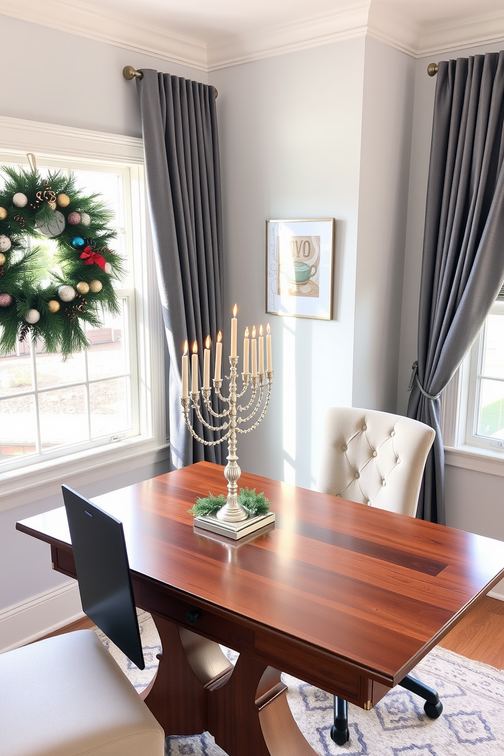 A stylish home office featuring a wooden desk adorned with a beautiful menorah centerpiece. The desk is positioned near a window, allowing natural light to illuminate the space, while festive Hanukkah decorations add a warm and inviting atmosphere.