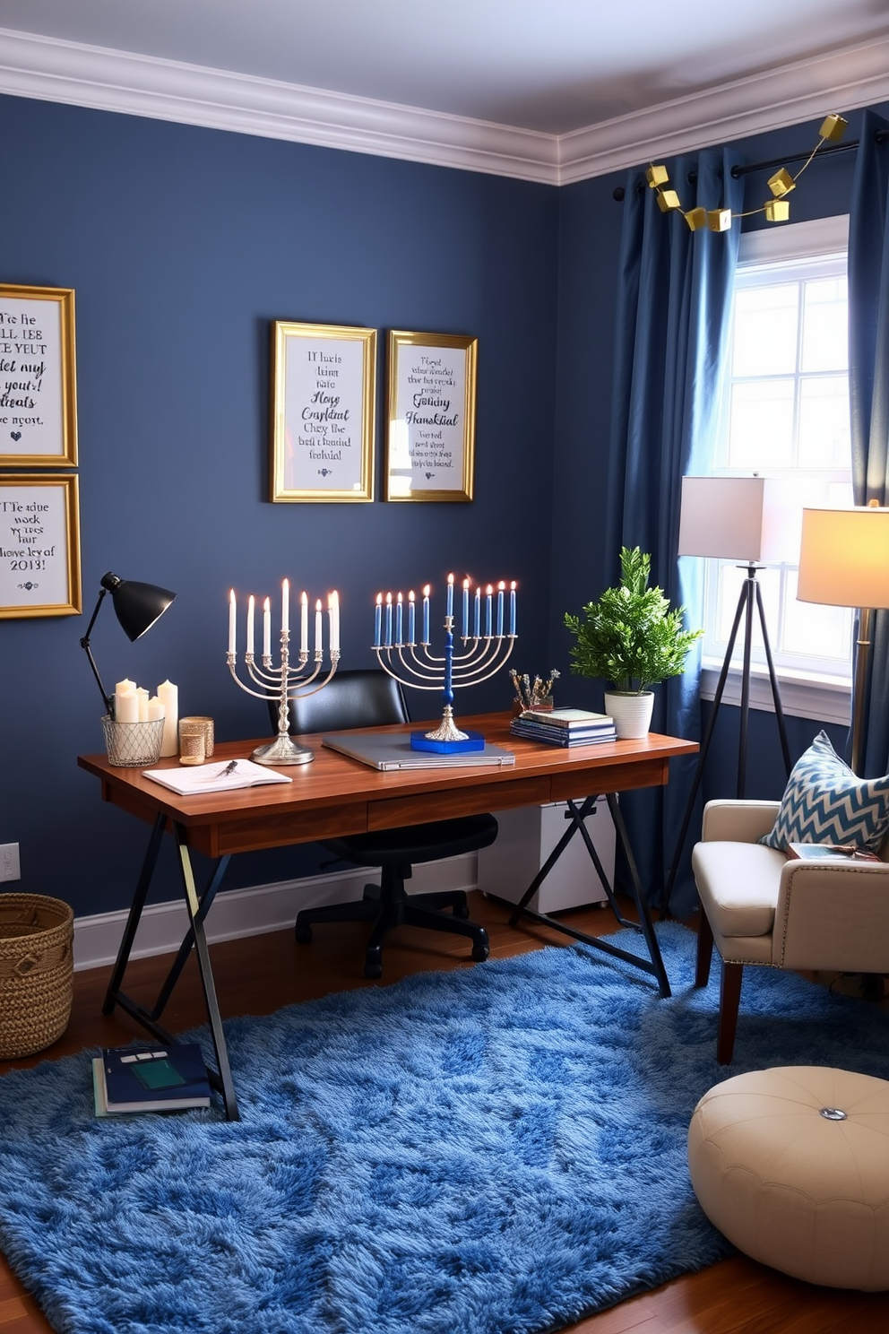 A cozy home office designed for the celebration of Hanukkah. The space features a wooden desk adorned with a blue and silver menorah, surrounded by candles ready for lighting. Inspirational quotes about Hanukkah decorate the walls, framed in elegant gold. A festive garland of stars and dreidels hangs above the window, adding a cheerful touch to the room. The color palette includes deep blues and warm whites, creating a serene atmosphere. A plush area rug in shades of blue adds comfort underfoot, perfect for long hours of work. Decorative elements include a small potted olive tree on the desk and a collection of books about Hanukkah traditions. Soft lighting from a stylish lamp enhances the inviting ambiance of the office space.