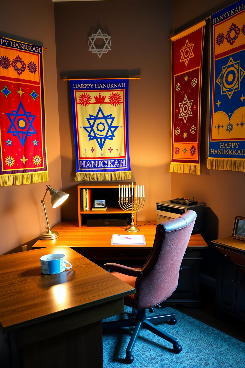 Brightly colored Hanukkah banners adorn the walls of a cozy home office space. The banners feature traditional symbols and vibrant colors, creating a festive atmosphere that inspires creativity and joy. A large wooden desk sits in the center of the room, complemented by a comfortable chair upholstered in rich fabric. Soft lighting from a stylish desk lamp enhances the warm ambiance, while a menorah is elegantly displayed on a nearby shelf.