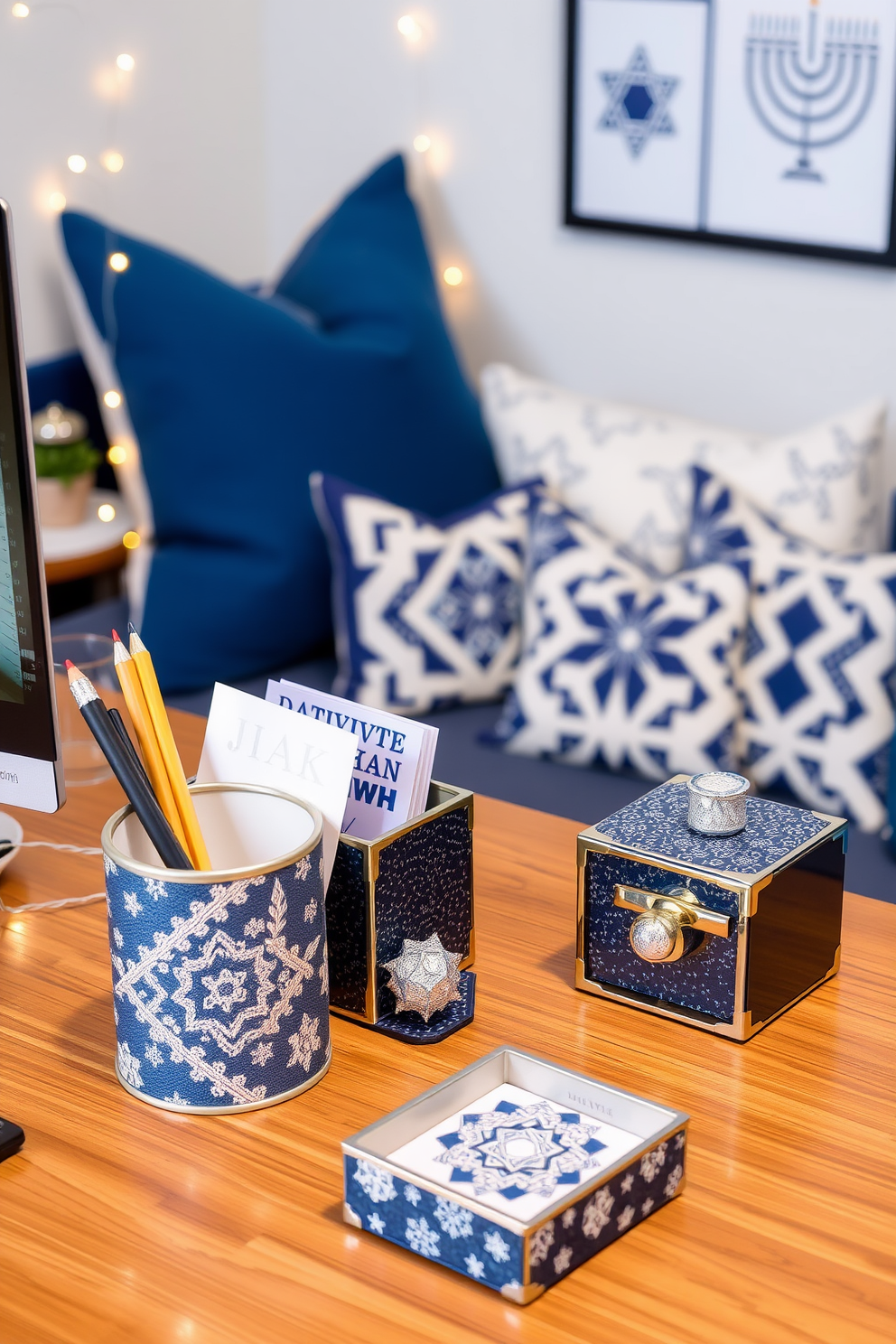 Creative desk organizers in holiday colors that feature a blend of deep blue and silver accents. The organizers include a pencil holder, a document tray, and a small decorative box, all designed with festive patterns and textures. Home office Hanukkah decorating ideas that incorporate string lights and menorah-themed decor. The space is adorned with blue and white accents, including cushions and wall art, creating a warm and inviting atmosphere for the holiday season.