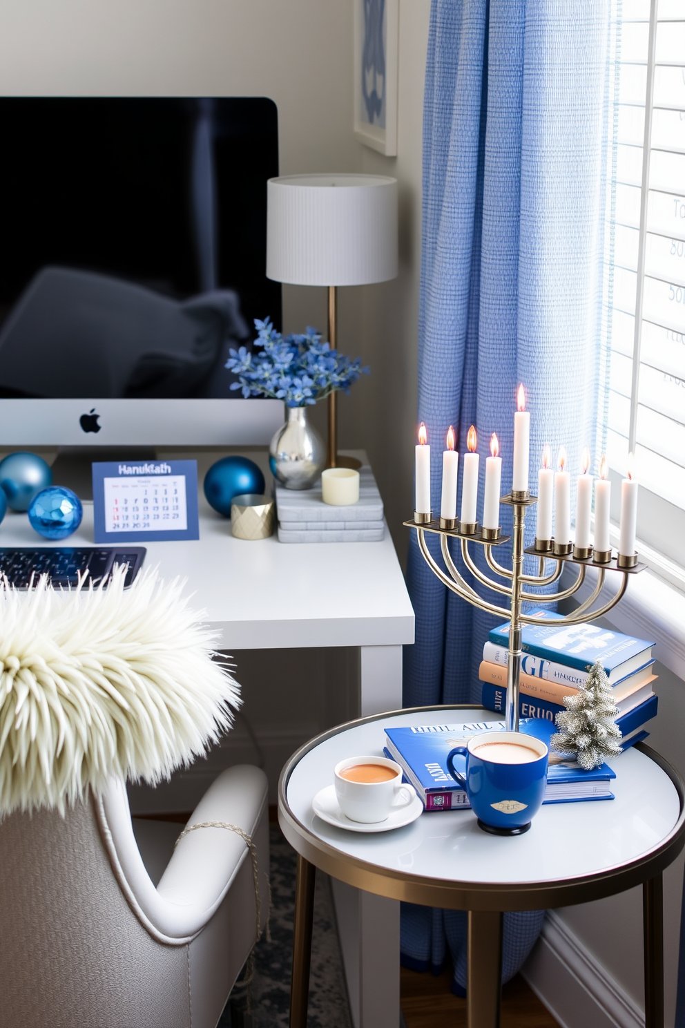 A stylish home office adorned for Hanukkah. The desktop features a modern calendar displaying the days until Hanukkah, surrounded by festive decorations in shades of blue and silver. A cozy reading nook with a plush chair and a small side table. On the table, a beautiful menorah is placed next to a stack of holiday-themed books and a warm cup of cocoa.