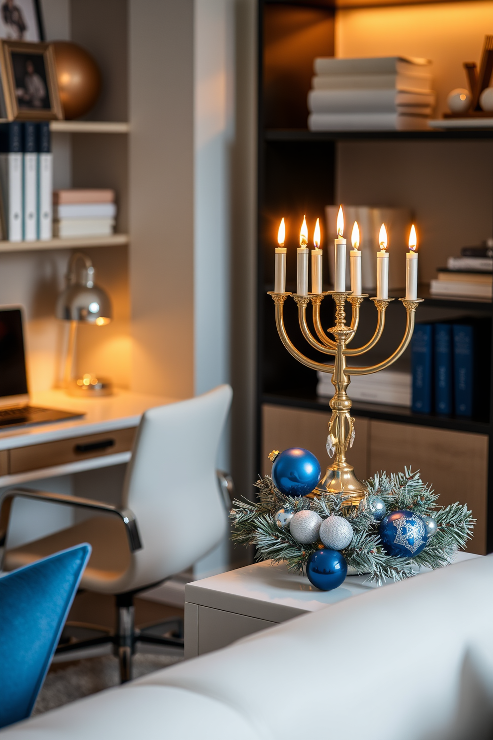 Artistic menorah as focal point in a stylish home office. The workspace features a sleek desk with a modern chair, while the menorah is elegantly displayed on a side table adorned with festive decorations. Warm lighting creates a cozy atmosphere, highlighting the menorah's intricate design. Subtle Hanukkah-themed accents, such as blue and silver ornaments, complement the overall decor.