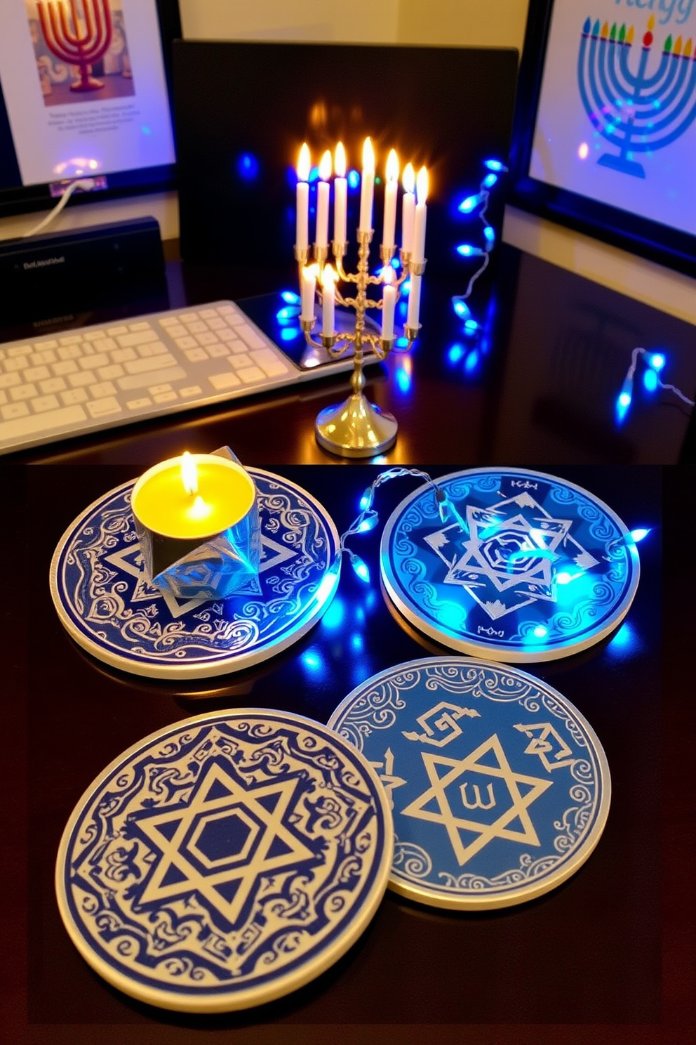 Festive coasters with Hanukkah designs. The coasters feature intricate patterns in blue and silver, showcasing symbols like menorahs and dreidels, creating a warm and inviting atmosphere for holiday gatherings. Home office Hanukkah decorating ideas. Incorporate a small menorah on your desk alongside a festive garland of blue and white lights, while displaying Hanukkah-themed artwork on the walls to celebrate the season in your workspace.