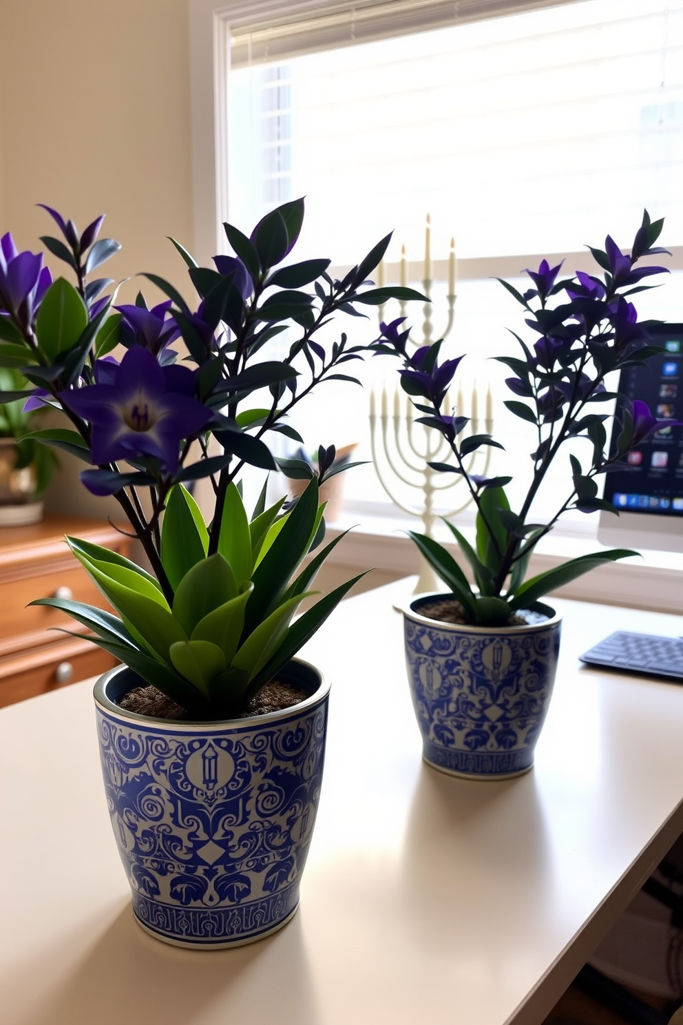 A cozy home office decorated for Hanukkah features elegant plant pots adorned with traditional blue and silver patterns. Each pot holds a vibrant plant, adding a touch of life and color to the workspace. The desk is positioned near a window, with a menorah displayed prominently on the sill. Soft lighting enhances the festive atmosphere, creating an inspiring environment for creativity and productivity.