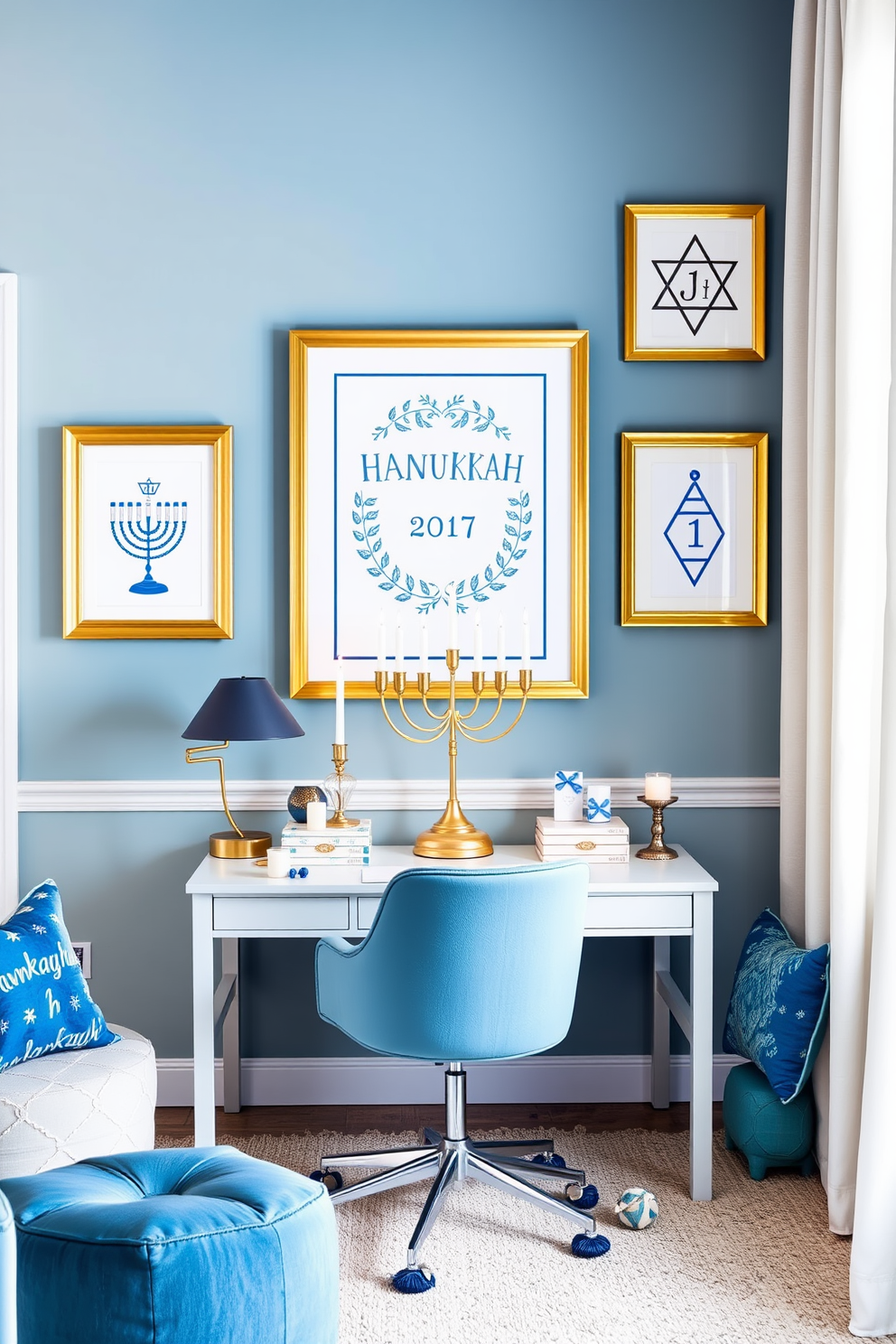 Hanukkah themed wall art prints featuring traditional symbols such as menorahs and dreidels. The prints are framed in elegant gold frames and arranged in a gallery style on a soft blue wall. Home office decorated for Hanukkah with a stylish desk adorned with a decorative menorah and festive candles. The space is enhanced with cozy lighting and accents in blue and silver to create a warm and inviting atmosphere.