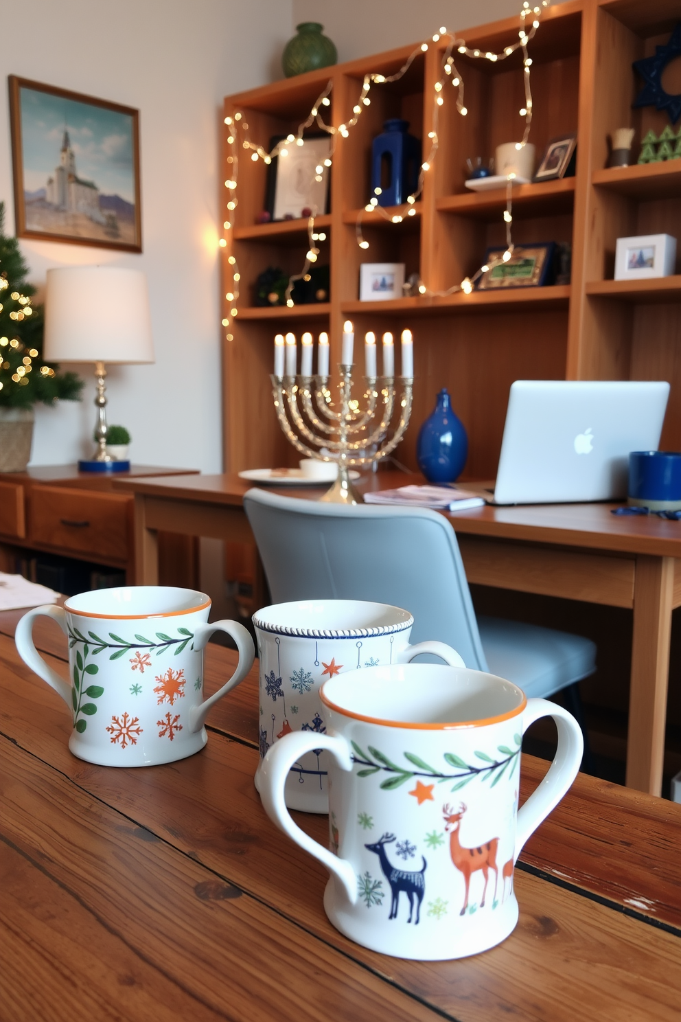 Charming holiday-themed coffee mugs sit on a rustic wooden table, adorned with festive designs and warm colors. Each mug features unique patterns, such as snowflakes and reindeer, creating a cozy atmosphere perfect for winter gatherings. In a stylish home office, Hanukkah decorations bring a touch of elegance and tradition to the workspace. A menorah is placed on the desk, surrounded by blue and silver accents, while twinkling lights drape gently across the shelves, enhancing the festive spirit.