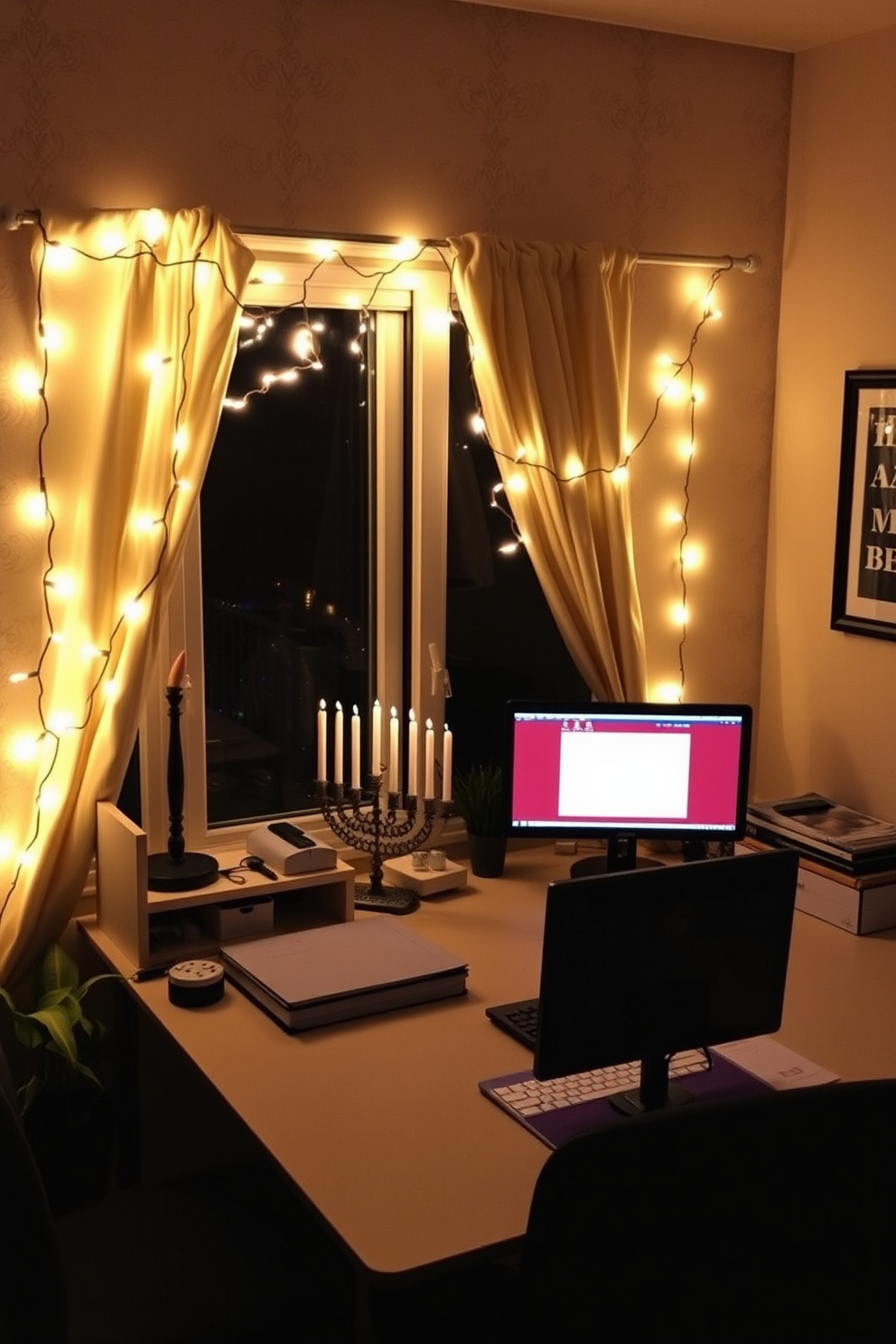 A cozy home office decorated for Hanukkah. String lights are elegantly draped around the window, casting a warm glow over the workspace.