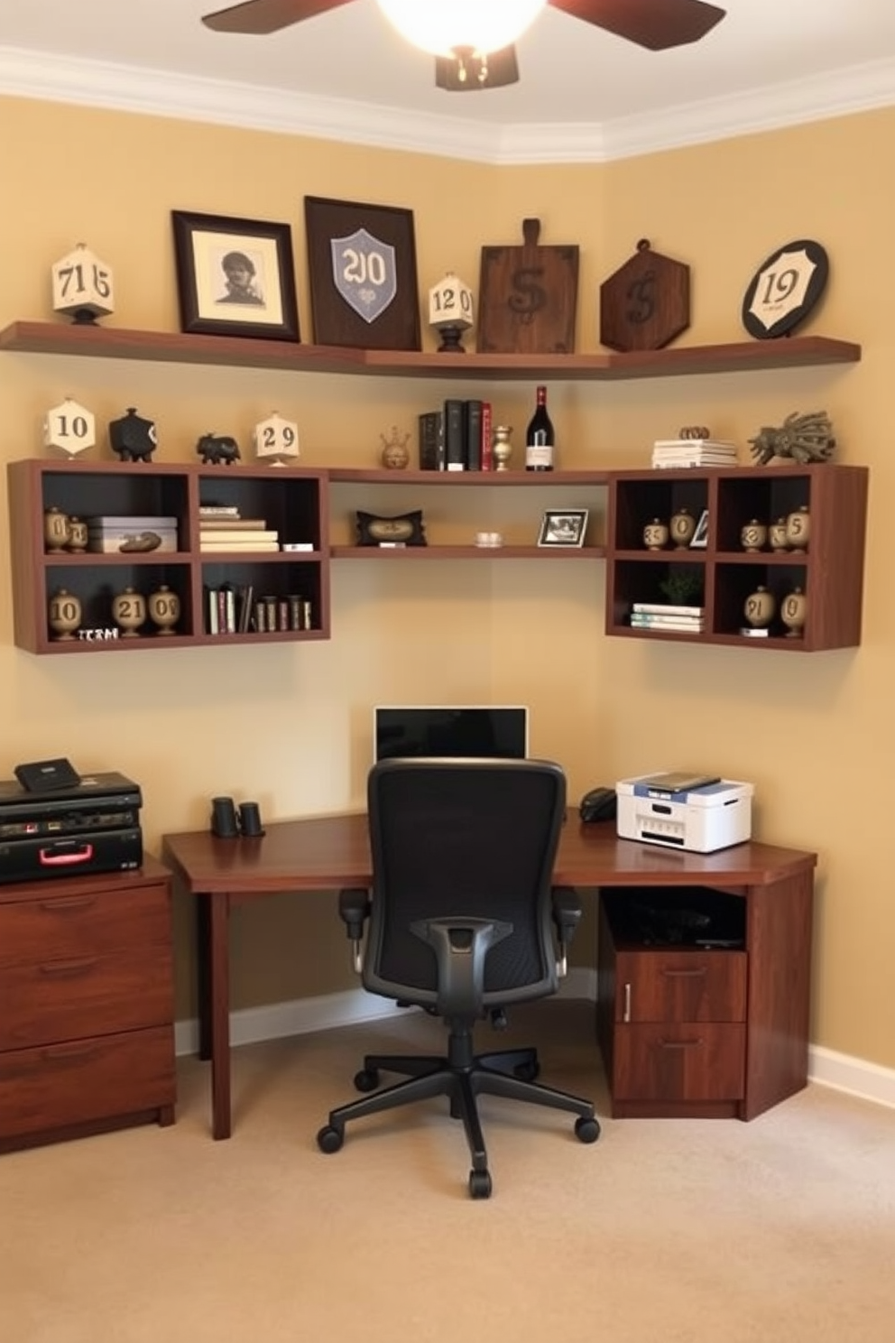 A cozy home office adorned with decorative dreidels on the shelves. The walls are painted in a warm beige tone, and a wooden desk sits in the center, complemented by a comfortable ergonomic chair.