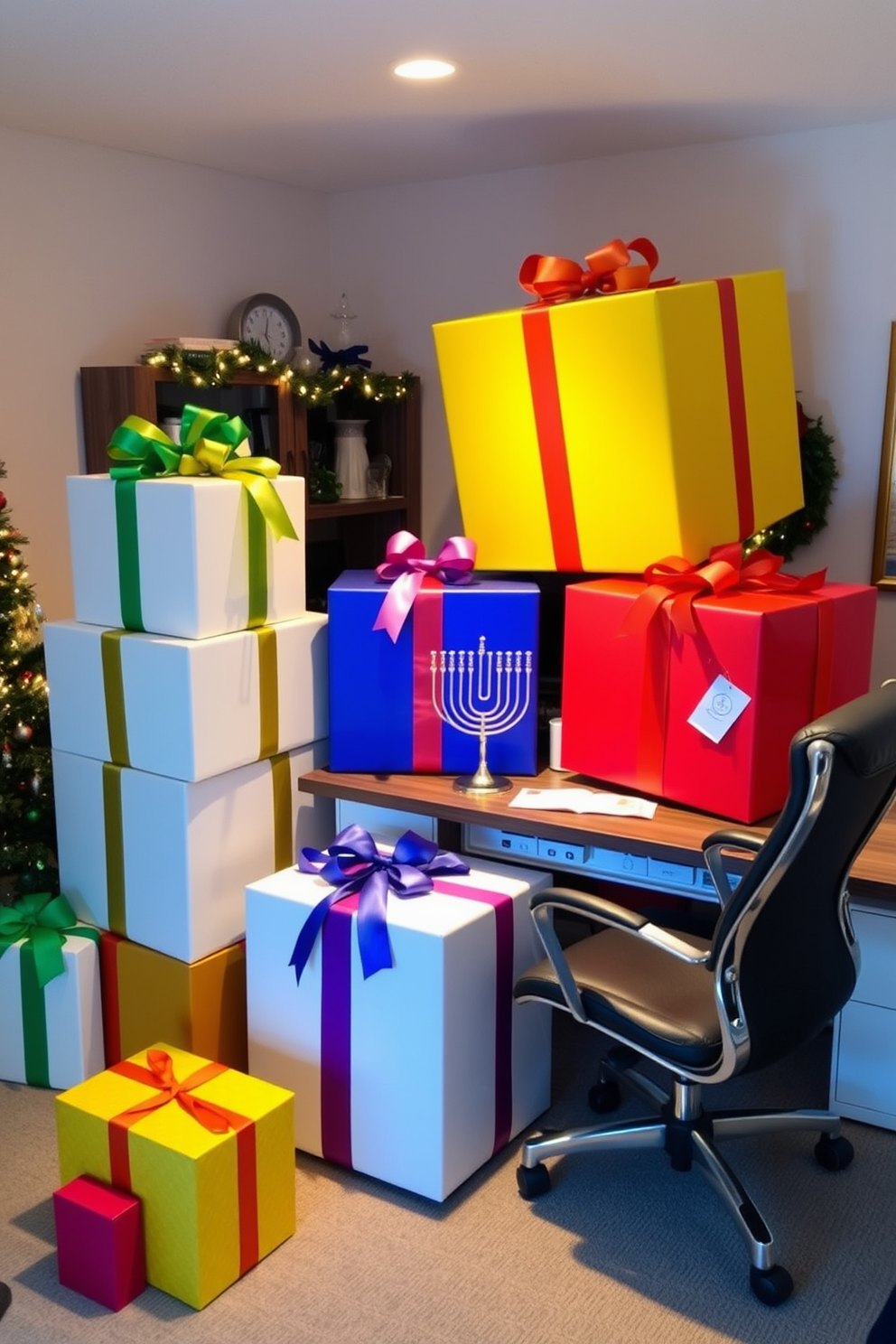 Giant gift boxes are arranged as festive decor in a cozy home office setting. They are adorned with colorful ribbons and bows, creating a cheerful and inviting atmosphere for the Hanukkah celebration. The workspace features a stylish desk with a comfortable chair, surrounded by warm lighting and seasonal decorations. A menorah sits prominently on the desk, adding a traditional touch to the modern design.