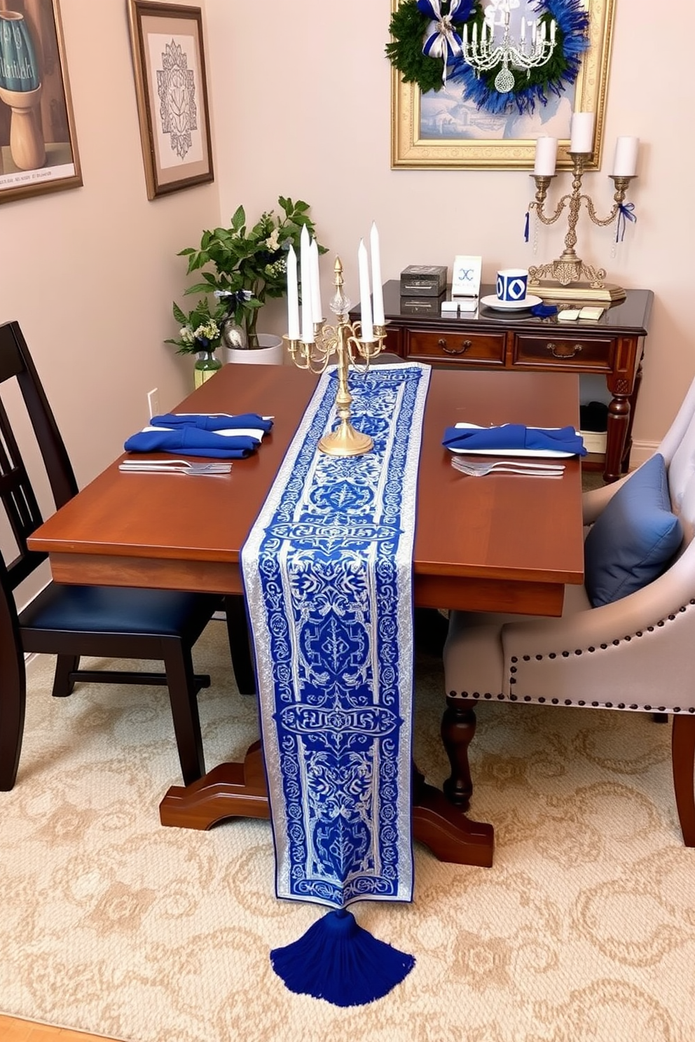 A beautifully set dining table adorned with a table runner featuring intricate Hanukkah motifs in blue and silver. The runner drapes elegantly over a wooden table, complemented by matching napkins and elegant candle holders. A cozy home office space decorated for Hanukkah, featuring a desk adorned with a menorah and decorative dreidels. The walls are adorned with festive artwork, and a plush chair invites creativity and comfort during the holiday season.