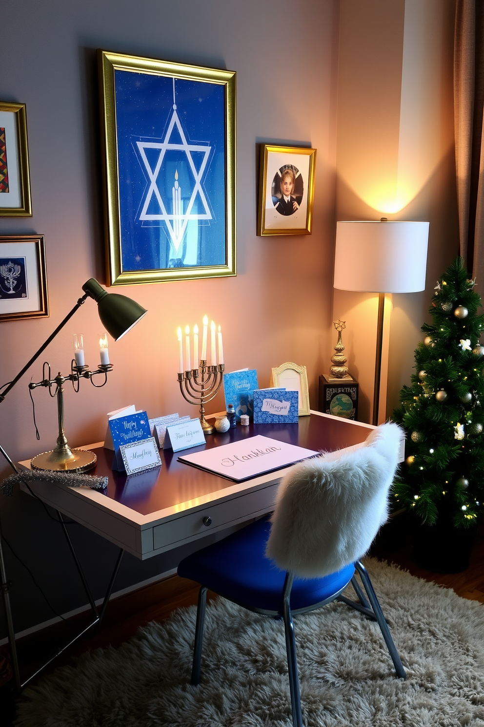 A cozy home office adorned for Hanukkah features a beautifully decorated desk with a blue and silver color scheme. On the desk, personalized Hanukkah greeting cards are displayed alongside a menorah, creating a warm and festive atmosphere. The walls are adorned with tasteful Hanukkah-themed artwork, and a plush rug adds comfort to the space. Soft lighting from a stylish lamp enhances the inviting ambiance, making it a perfect spot for holiday creativity.