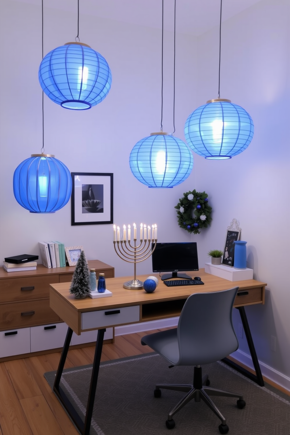 A serene home office setting decorated for Hanukkah. The room features hanging paper lanterns in blue, casting a soft glow over a modern wooden desk adorned with a menorah and festive decorations.