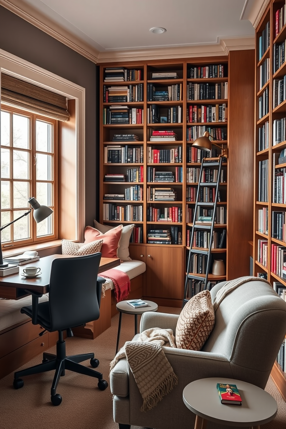 Cozy nook with a window seat. Soft cushions and a warm throw blanket adorn the seat, while a small side table holds a steaming cup of tea and a stack of books. Home Office. A sleek wooden desk faces the window, complemented by an ergonomic chair and stylish desk lamp. Shelves filled with books and decorative items line the walls, creating an inspiring workspace. Library Design Ideas. Tall bookshelves filled with an array of books stretch from floor to ceiling, with a rolling ladder for easy access. A plush reading chair sits in the corner, accompanied by a small table for a reading lamp and a cozy blanket.