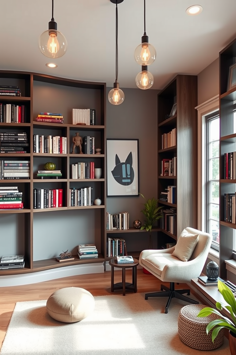 A modern home office library featuring sleek floating shelves that save floor space. The walls are painted in a soft gray, and the shelves are filled with neatly arranged books and decorative items, creating an inviting atmosphere. A comfortable reading nook is positioned near a large window, with a cozy armchair and a small side table. Warm lighting fixtures hang above, providing a perfect ambiance for studying or enjoying a good book.