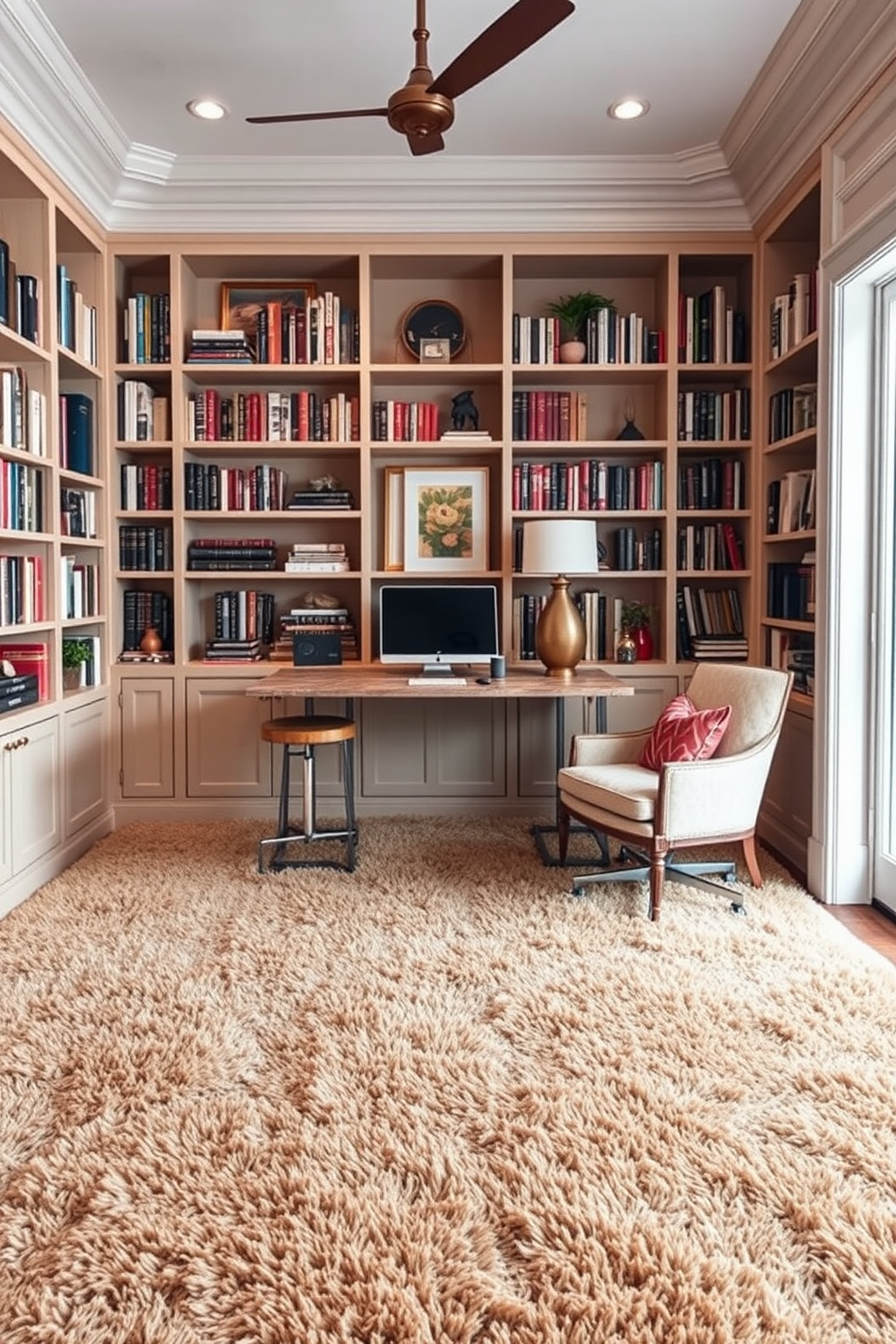 A cozy home office library featuring a plush, lush carpet that adds comfort and warmth to the space. The walls are lined with built-in bookshelves filled with an array of books and decorative items, creating an inviting atmosphere for reading and working.