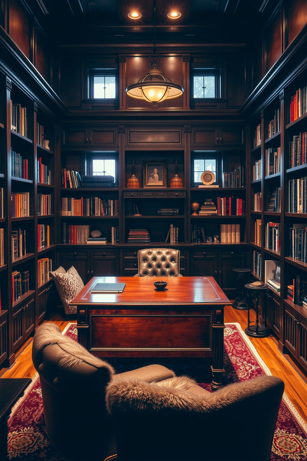 A cozy home office library with dark wood tones creates a rich and inviting atmosphere. Bookshelves line the walls, filled with an array of books and decorative items, while a large wooden desk sits in the center, complemented by a comfortable leather chair. Soft ambient lighting casts a warm glow, highlighting the intricate wood grain of the furniture. A plush area rug adds texture to the space, and a reading nook with a cushioned armchair and a small side table invites relaxation.