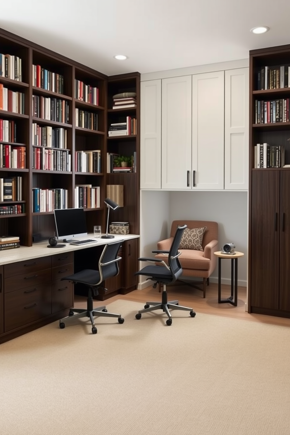 A stylish home office library that seamlessly blends open and closed storage. The room features a large bookshelf filled with books, complemented by a sleek desk positioned near a window for natural light. The desk is paired with an ergonomic chair, while a cozy reading nook is created with a comfortable armchair and a small side table. Closed storage cabinets are integrated into the design, providing a clean and organized look while maintaining easy access to essential items.