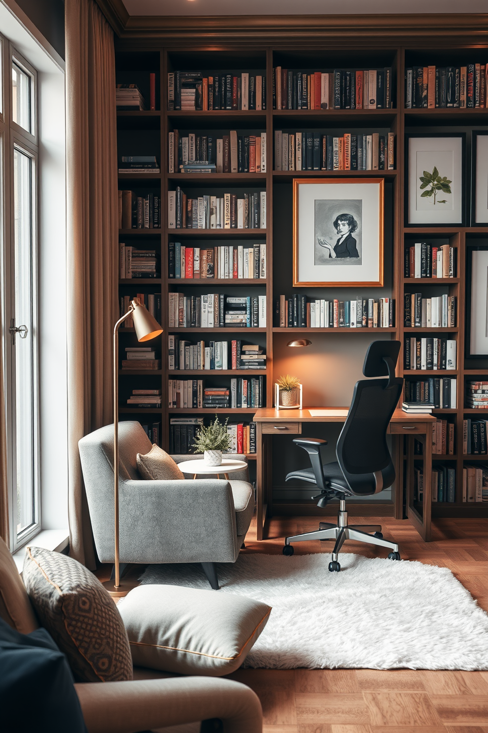 Inviting reading corner with a lamp. A cozy armchair is positioned next to a tall bookshelf filled with various books and decorative items. The corner features a stylish floor lamp that provides warm light for reading. A small side table holds a cup of tea and a decorative plant, creating a welcoming atmosphere. Home office library design ideas. A sleek desk is placed against a wall lined with bookshelves, combining functionality with elegance. The space includes a comfortable ergonomic chair and a large window that allows natural light to flood in. A soft area rug adds warmth, while framed artwork adorns the walls, enhancing the overall aesthetic.